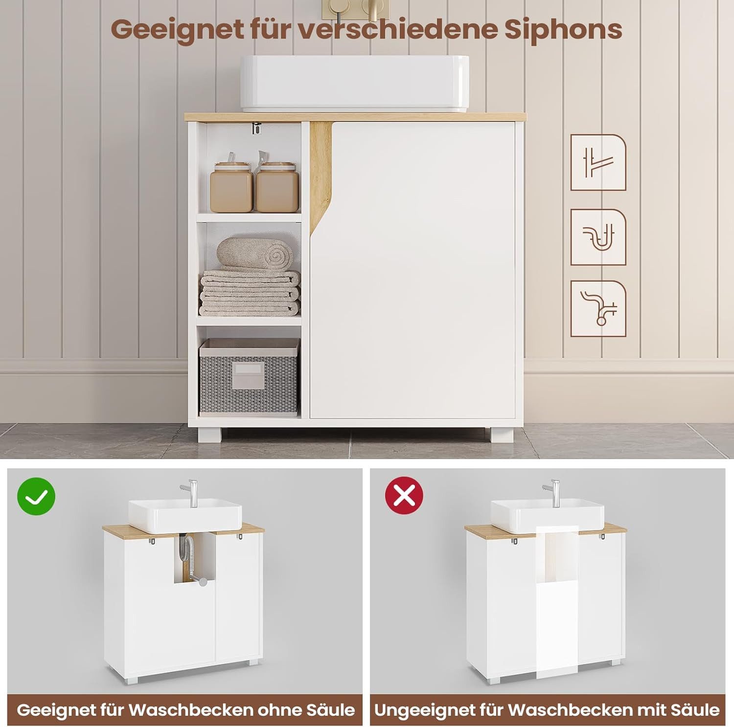 MSMASK Waschbeckenunterschrank Badezimmerschrank mit 3 offene Fächer & Höhenverstellbare Ablagen (1-St) 60 x 30 x 60 cm, Weiß – Bild 5 von 5