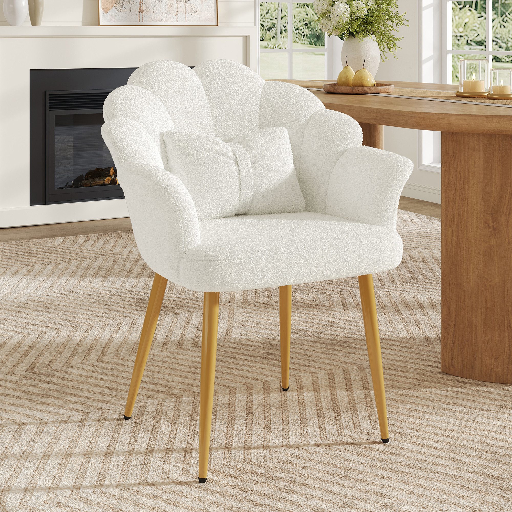 i@home Esszimmerstuhl 1er Set moderne Sessel, gepolsterter Sitz,Teddy-Stoff, 64x65.5x85cm (1 St), mit Blütenblatt-Rückenlehne, Schleifenkissen, Armlehnenstütze, Weiß