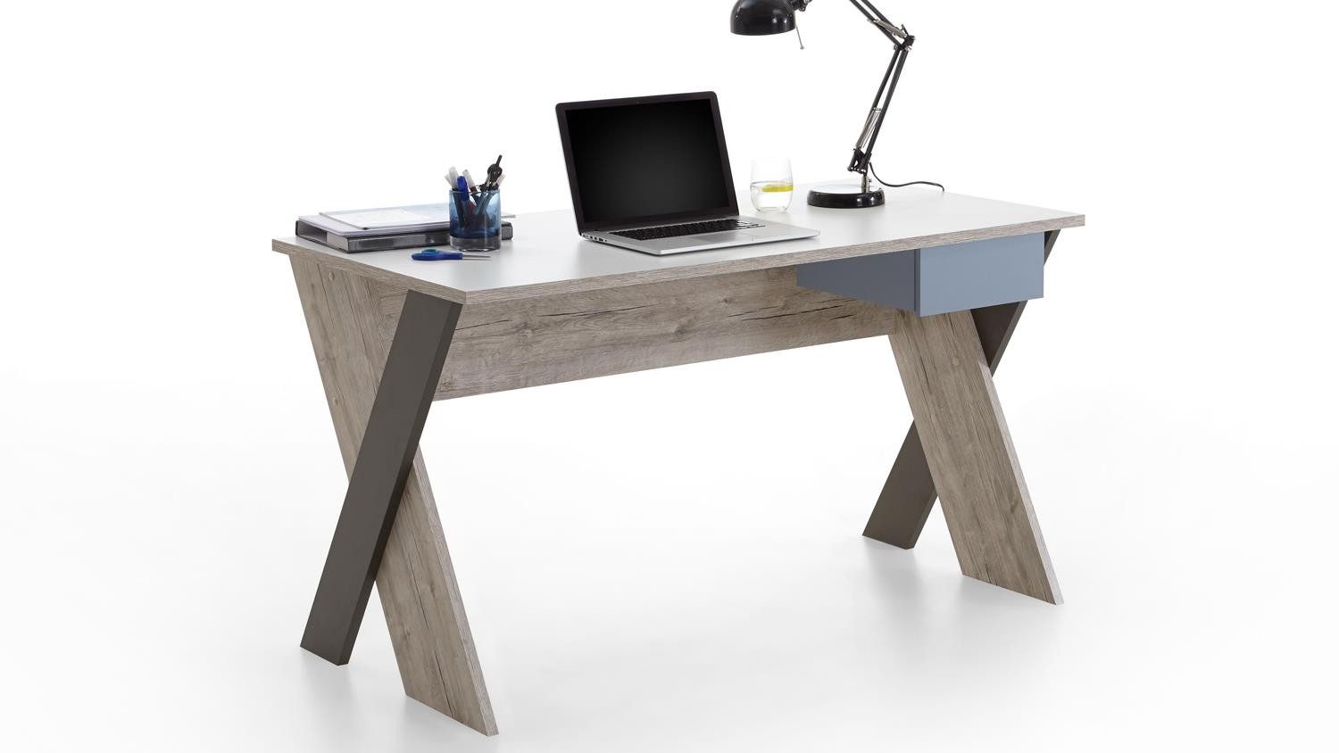 FMD Schreibtisch Schreibtisch Nona Arbeitstisch Jugendzimmer Sandeiche weiß mehrfarbig
