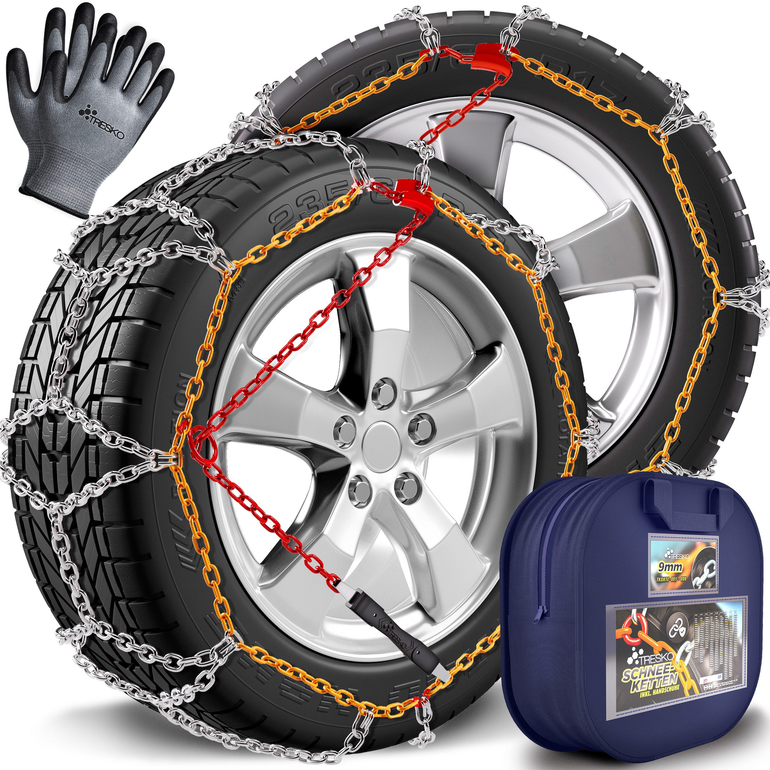 TRESKO Schneeketten TRESKO® 2x Schneeketten Auto inkl. Handschuhe und Aufbewahrungsbox, (PKW Metall Reifenketten EN 16662-1 & ÖNORM V5117, Schneekette für Front-, Heck-, Allrad), Schneeketten Auto inkl. Handschuhe & Aufbewahrungsbox