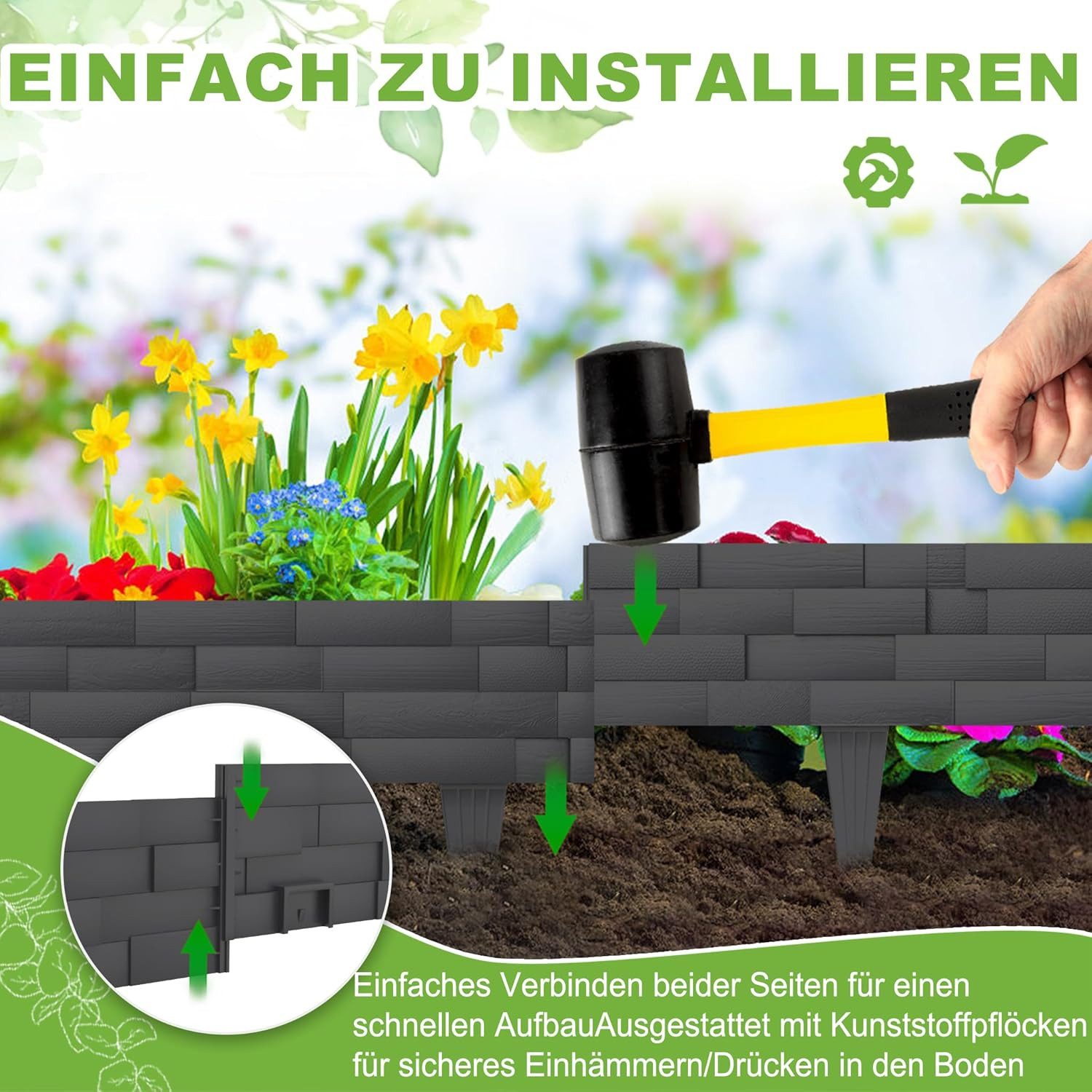 FIVMEN Rasenkante Rasenkanten Kunststoff Beeteinfassung Beetumrandung 5m/10m, 5 stücke/10 stücke, in Kunststeinfliese Mähkante Anthrazit/Braun