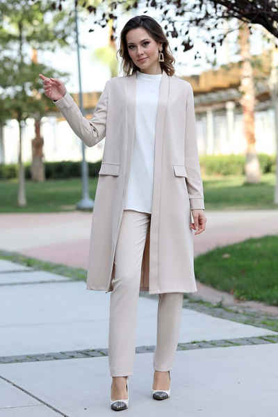 Modavitrini Hosenanzug Zweiteiler Damen Anzug Langarm Longblazer mit Hose Modest Fashion (Anzug Set) Offene Front ohne Verschluss