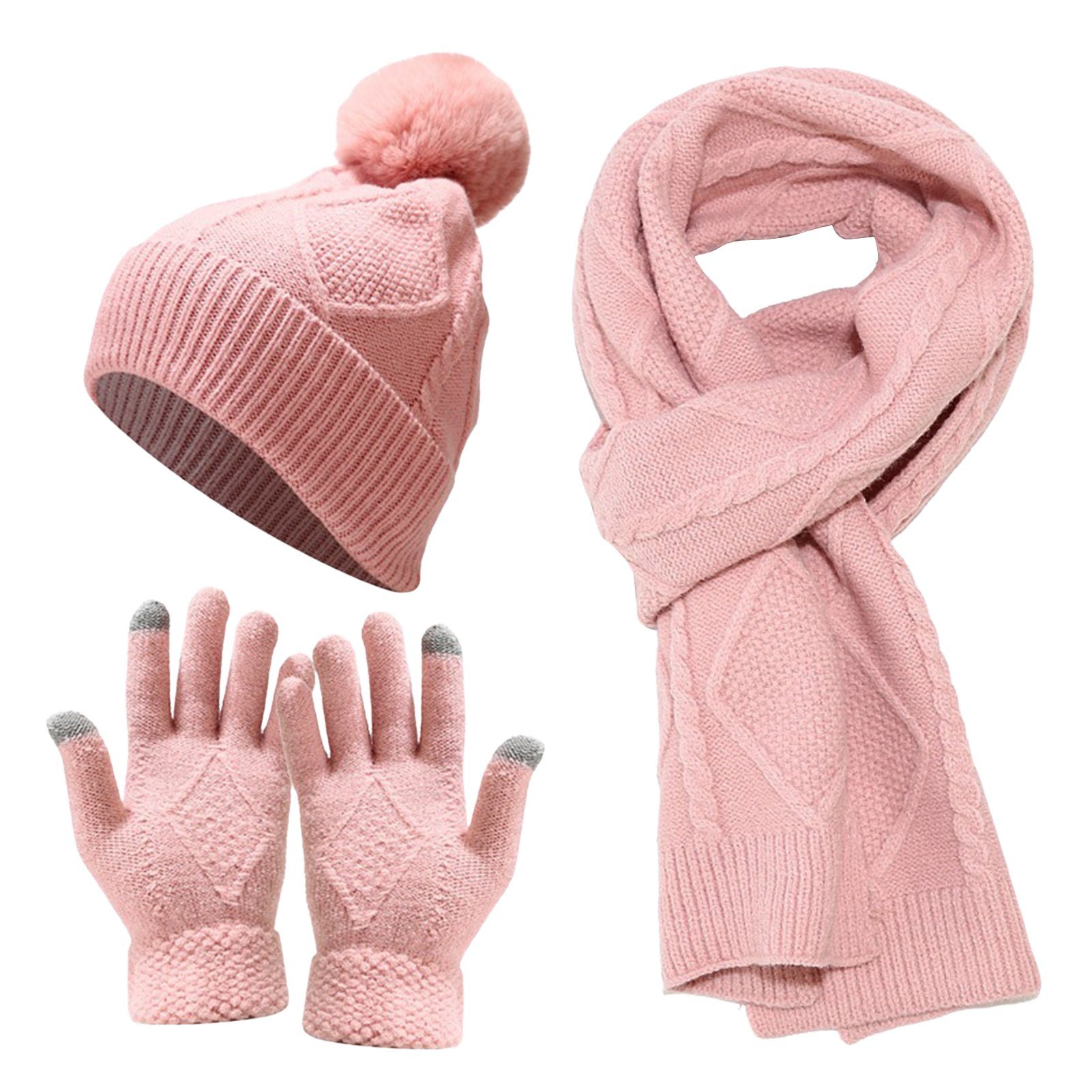 Rutaqian Strickmütze Wintermütze Schal Touchscreen Handschuhe Set (für 3-in-1 Winter-Set) Unisex Beanie Strickmütze Winterschal Thermo Handschuhe Rosa