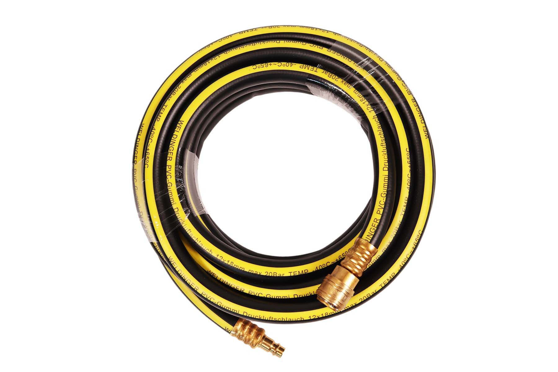 WELDINGER Druckluftschlauch Druckluftschlauch 12x18 mm Gummi-PVC Messingkupplungen Länge 5 m, 5 Meter, 12x18 mm Messing Schnellkupplungen