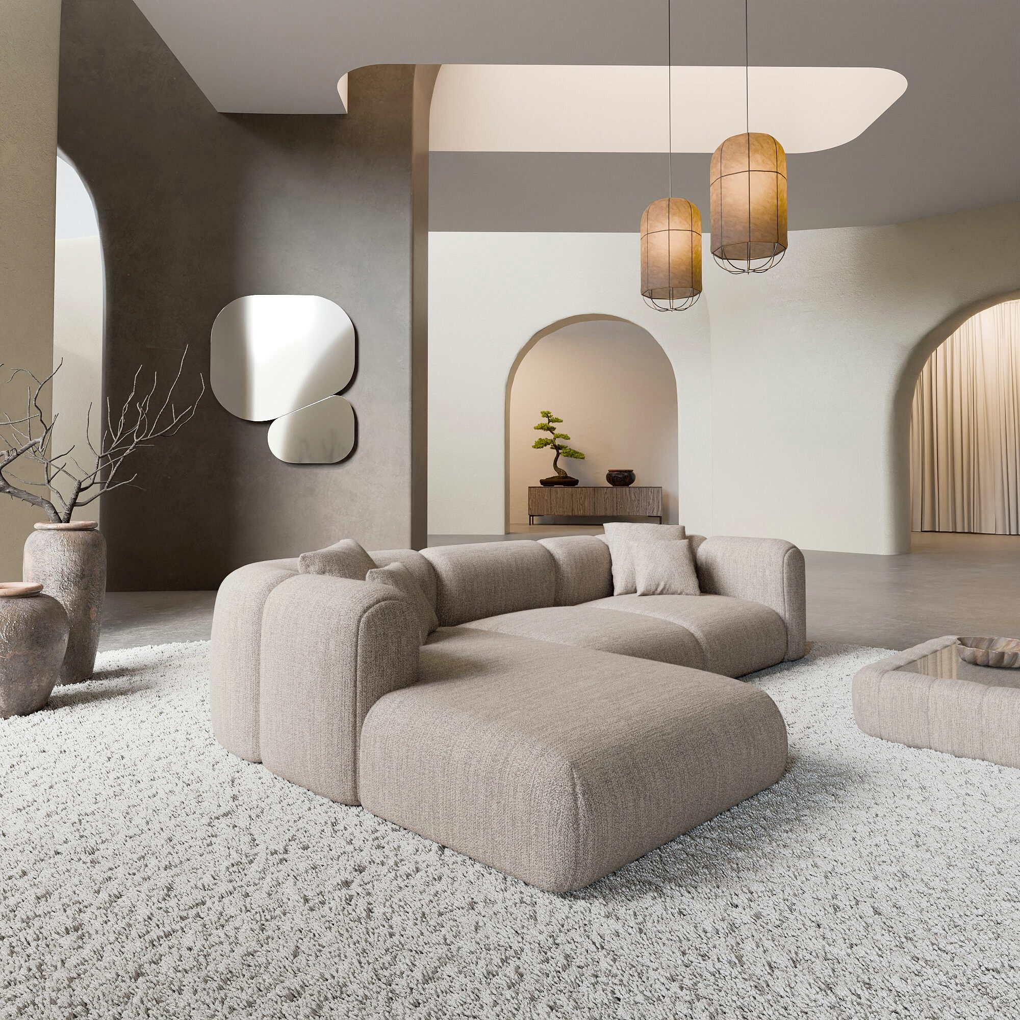 Sofa Dreams Ecksofa Venturia L Form kurz Ecksofa, Ottomane, 4-Sitzer, Design, Eckcouch, Strukturstoff Bezug in Beige