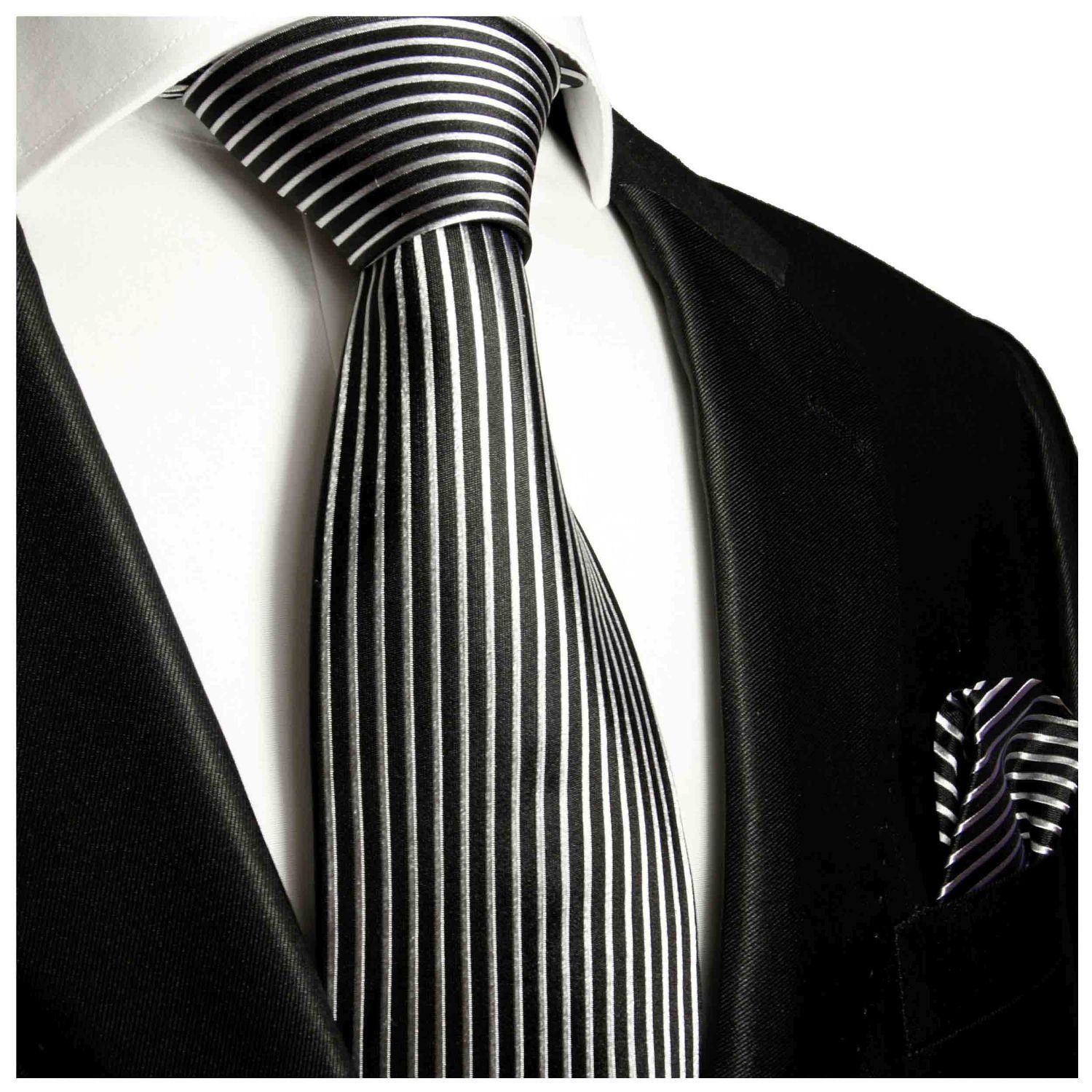 Paul Malone Krawatte Herren Seide längs 2-St., mit 408 gestreift Einstecktuch) 100% (8cm), Krawatte schwarz silber modern (Set, Breit Seidenkrawatte Tuch mit