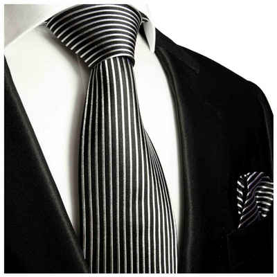 Paul Malone Krawatte Herren Seidenkrawatte mit Tuch modern längs gestreift 100% Seide (Set, 2-St., Krawatte mit Einstecktuch) Schmal (6cm), schwarz silber 408