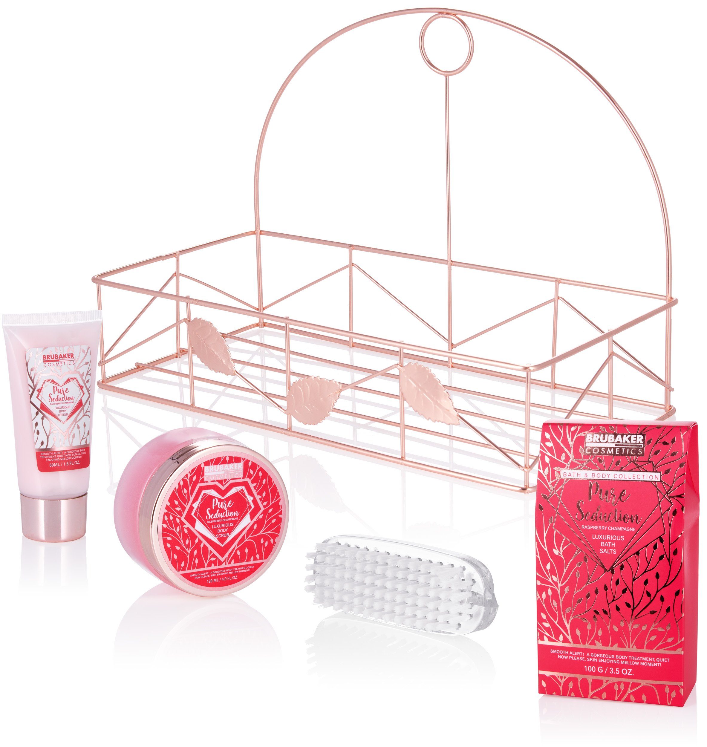 BRUBAKER Pflege-Geschenkset Dusch- und Badeset mit Himbeer Duft, Beauty Wellness Set, 10-tlg., Frauen Geschenkset in Badregal Rosé Gold, Damen Pflegeset
