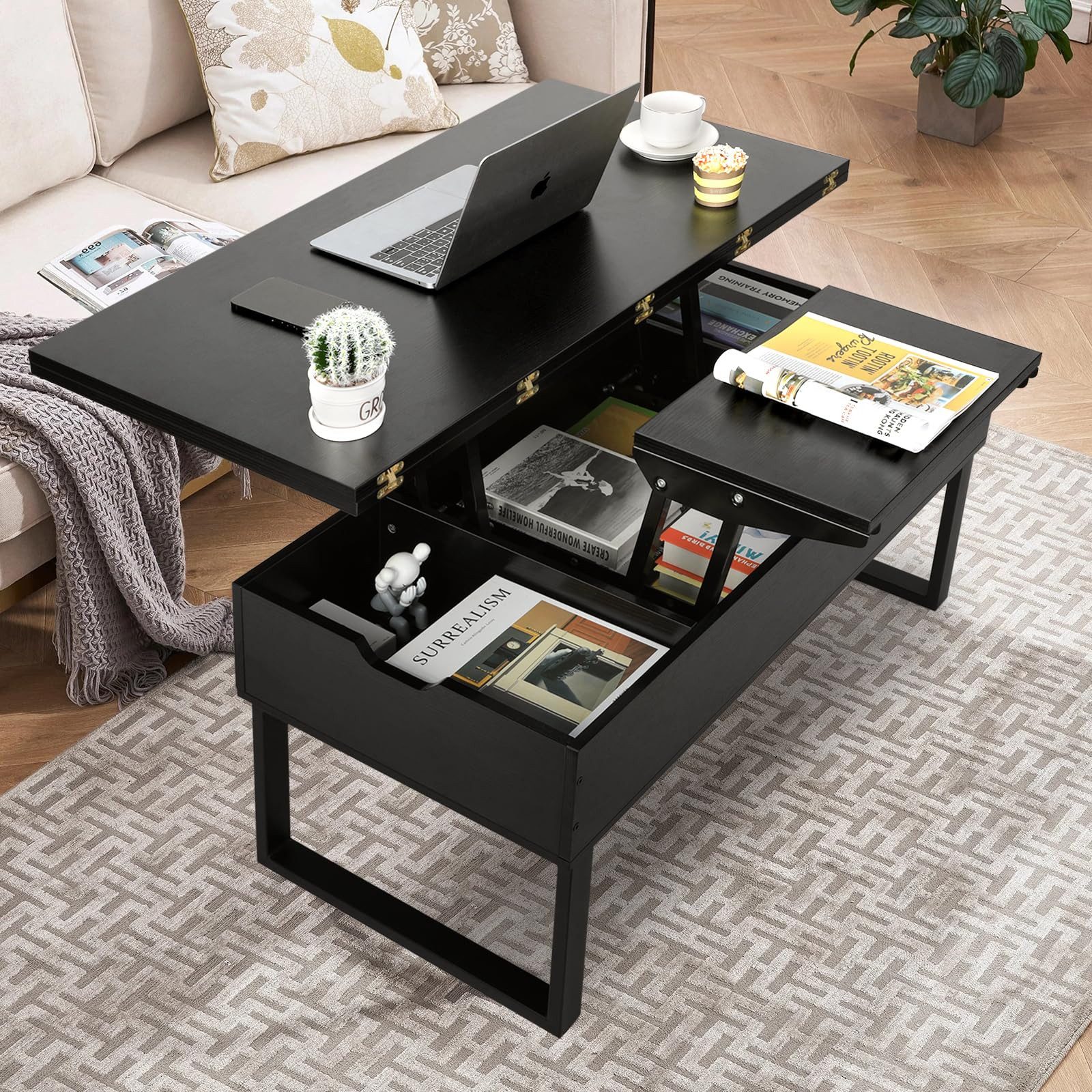 VOWNER Couchtisch Höhenverstellbarer, 3-in-1 Mehrzweck-Wohnzimmertisch, Schwarz – Bild 4 von 5
