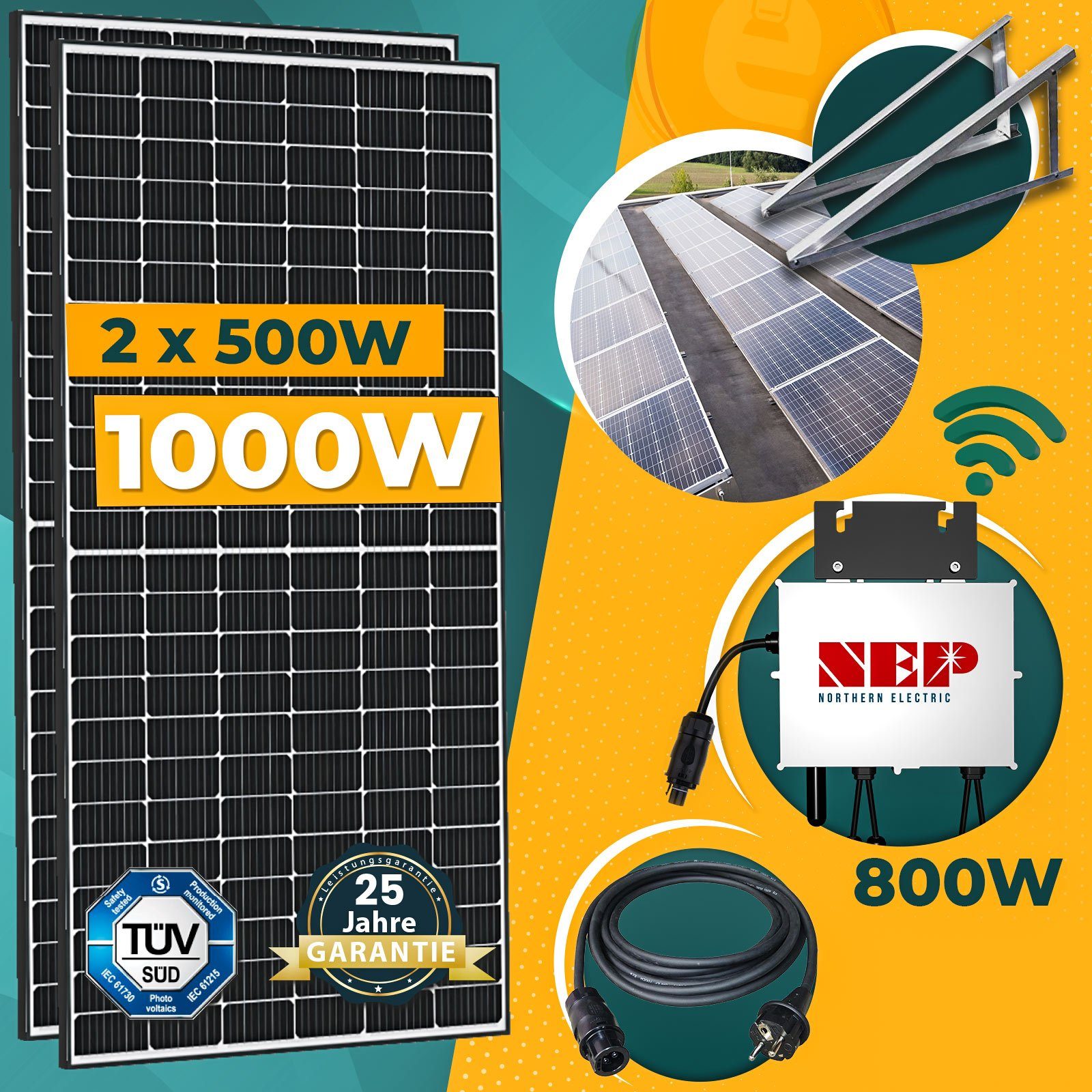 Komplettset Schuko Solaranlage PV-Montage Wechselrichter, Basis inkl. und Aufständerung 10M enprovesolar WIFI 1000W Balkonkraftwerk Süd NEP Solarmodule, 800W 500W Stecker