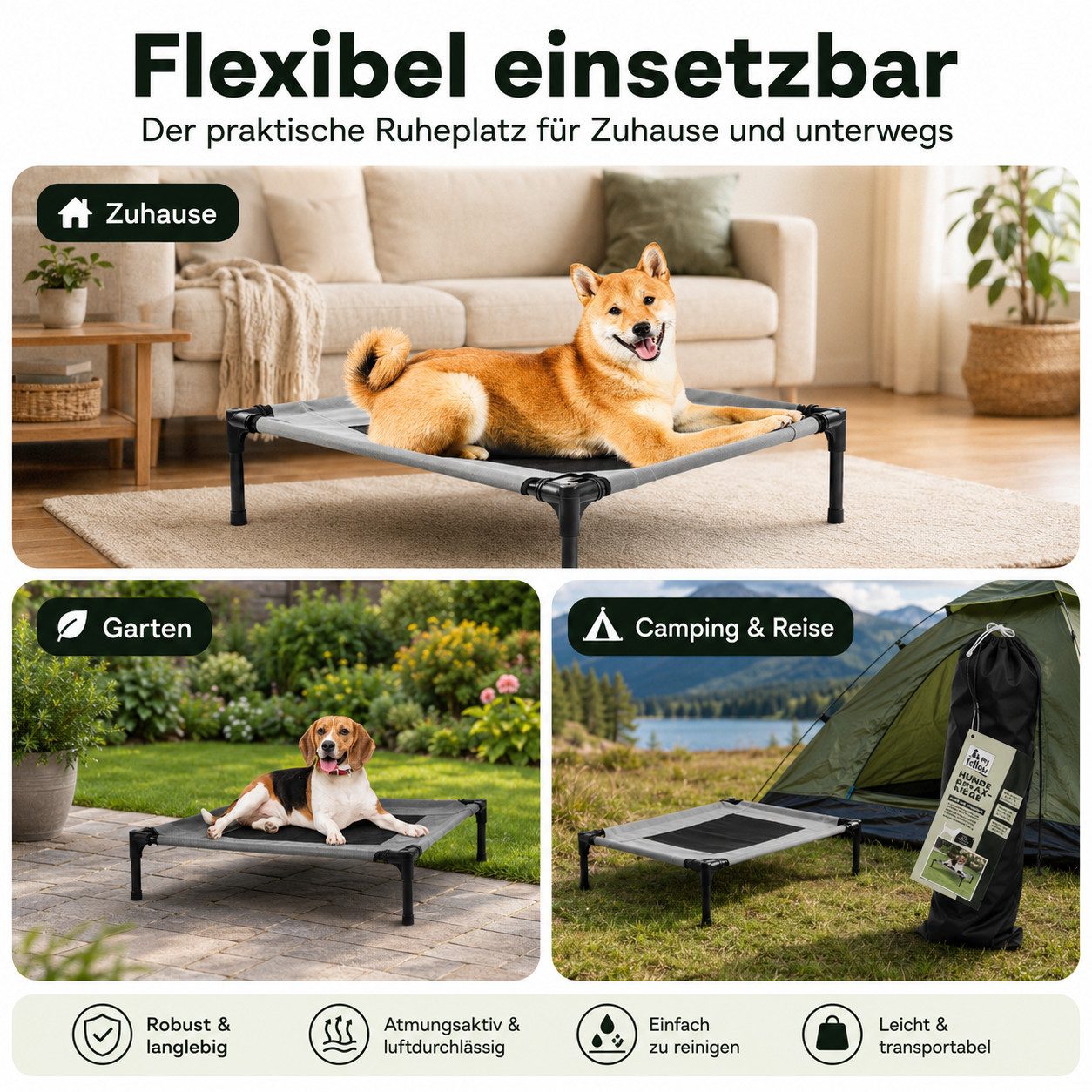 My Fellow Tierbett Hunde Relax-Liege 76 x 61 x 18 cm grau bis 30 kg für innen und außen, 70 % PVC, 30 % Polyester; außen 100 % Polyester, erhöht, luftdurchlässig, pflegeleicht, mit Tasche