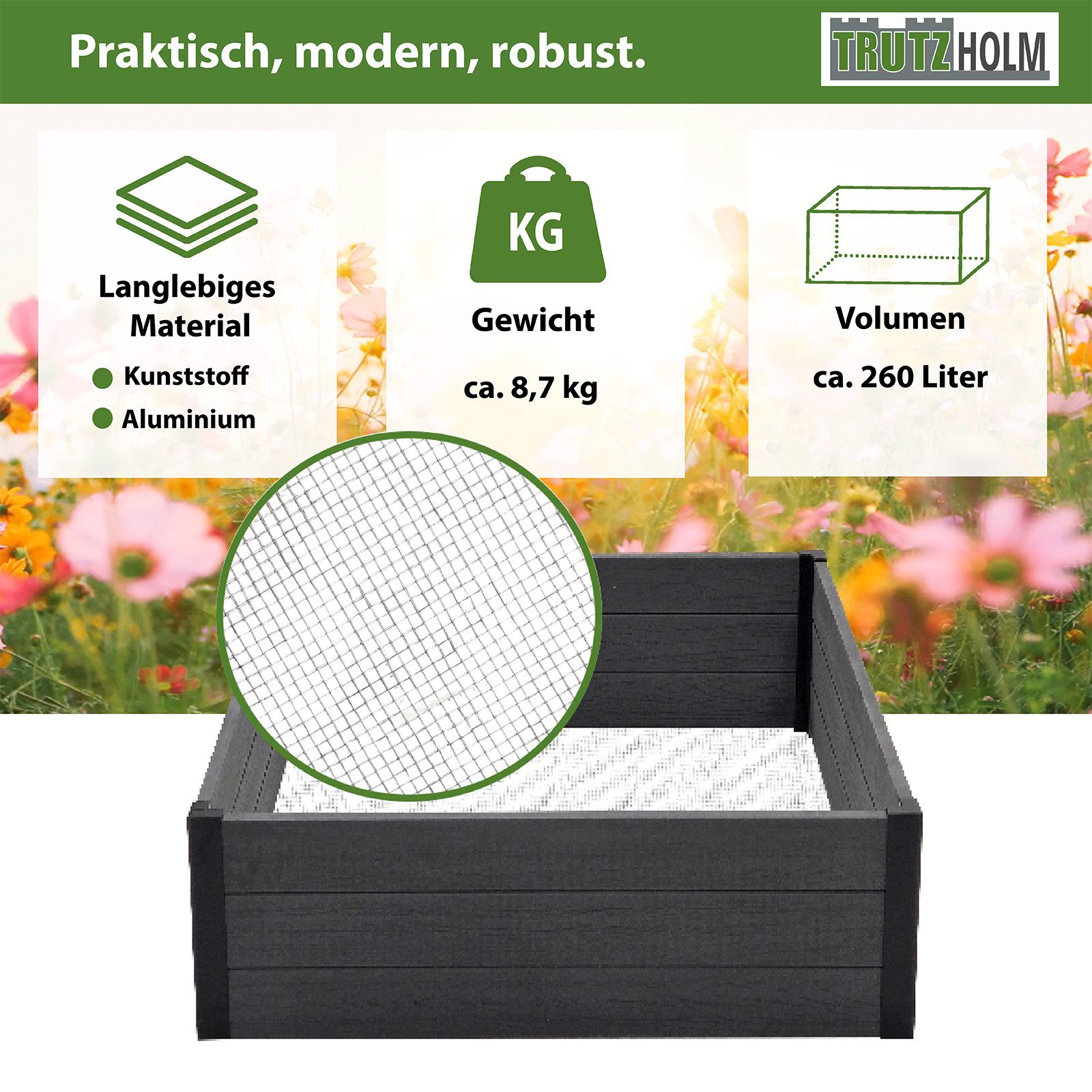 TRUTZHOLM Hochbeet Beeteinfassung mit Wühlmausgitter 100x100x28,5 cm ca. 260 L Holzoptik, Robust,Stabil