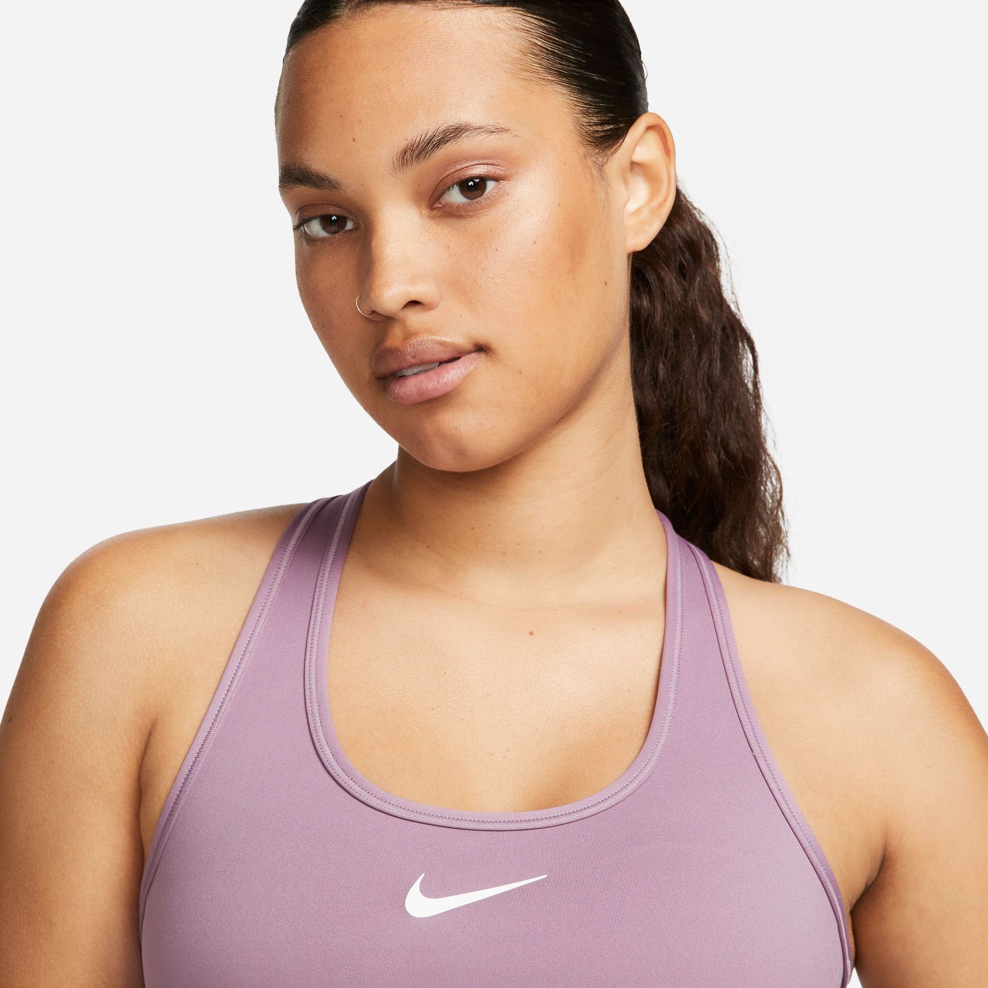 Nike WOMEN'S SUPPORT PADDED VIOLET Sport-BH MEDIUM DUST/WHITE SWOOSH SPORTS BRA