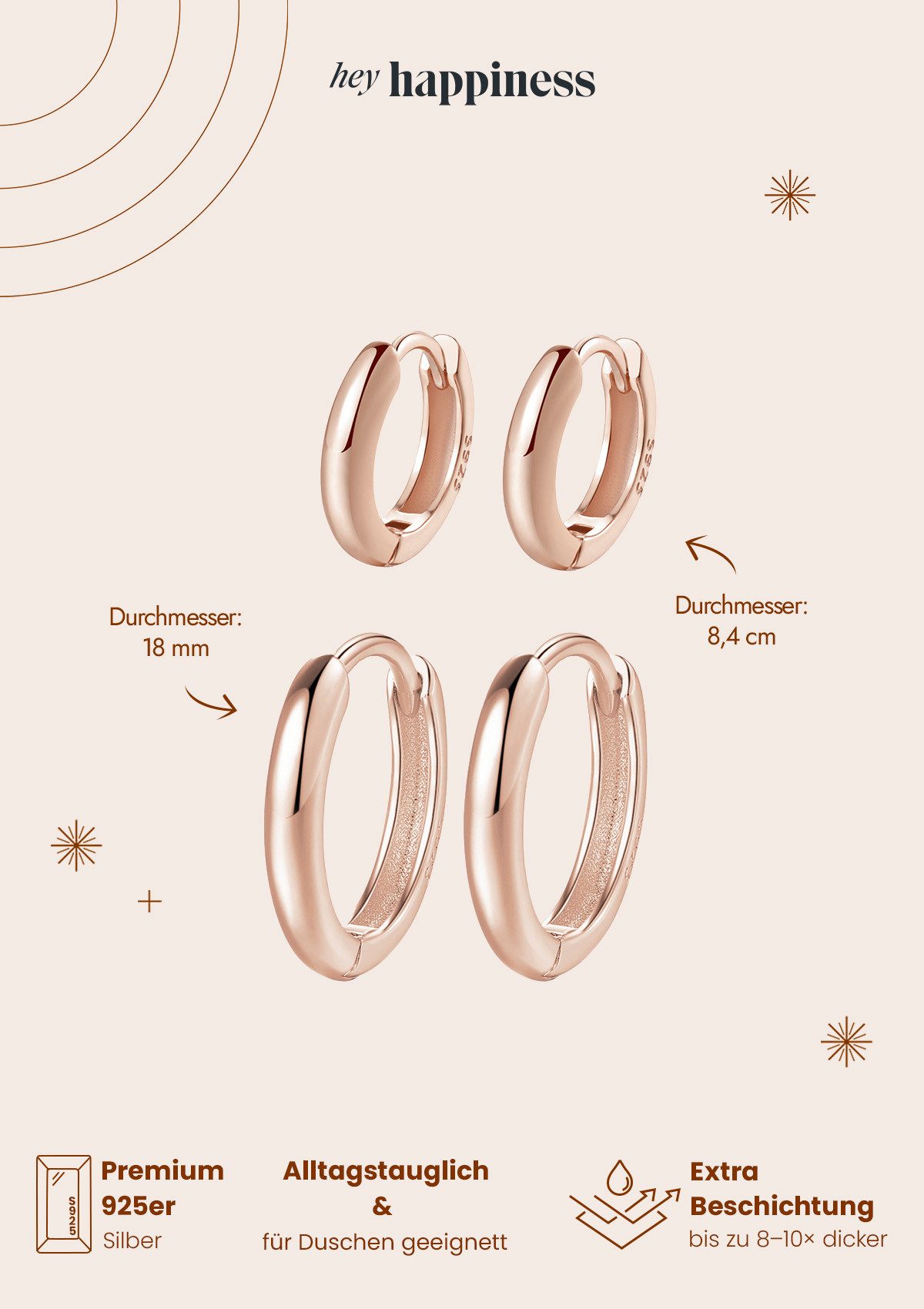 Hey Happiness Creolen-Set Layer Silber 925 Damen klein, 2 Paare, 4-tlg., Basic Silber Ohrringe rund klassisch, 18K Gold Roségold – Bild 5 von 5