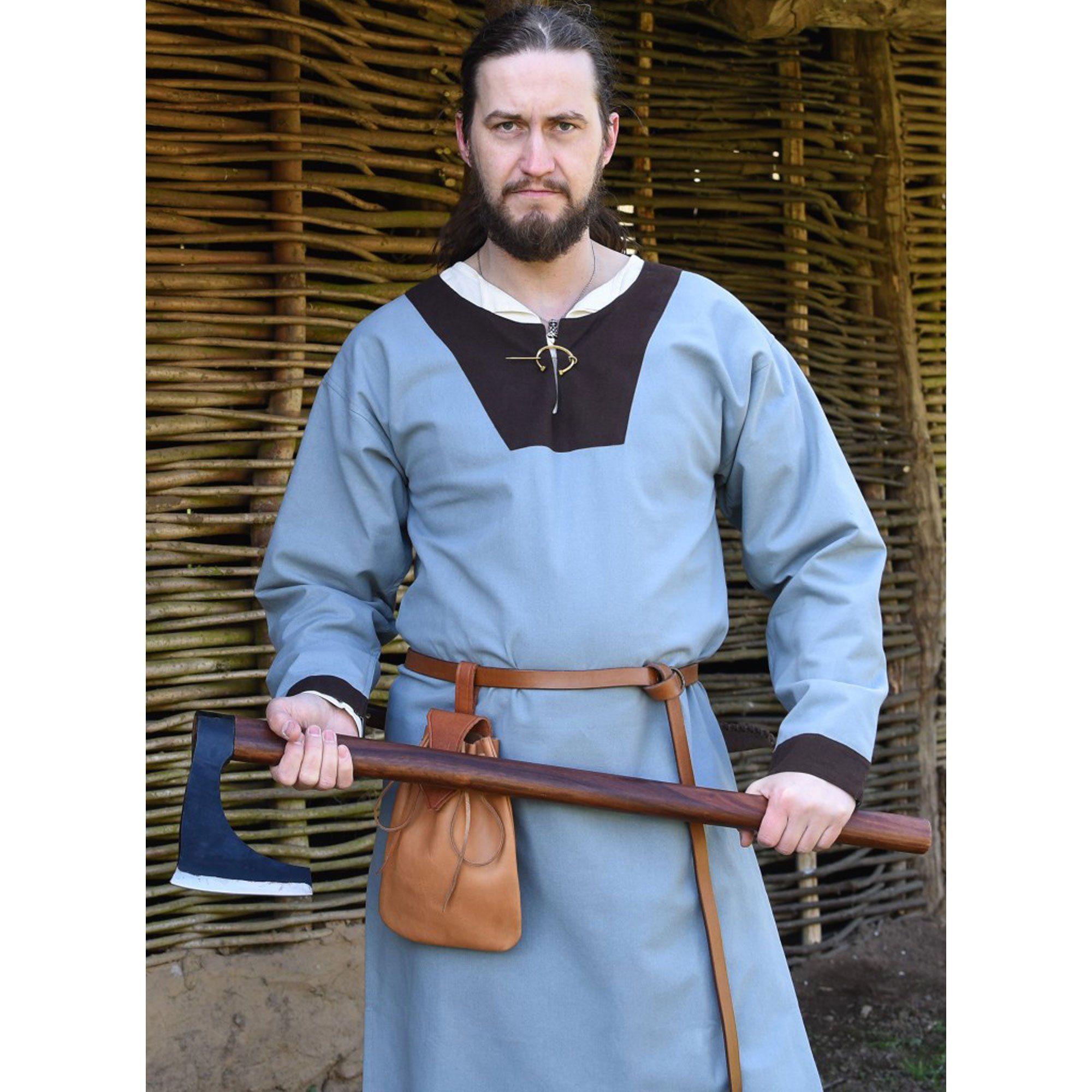 Battle Merchant Wikinger-Kostüm Mittelalterliche Tunika Vallentin, blaugrau/braun XXL