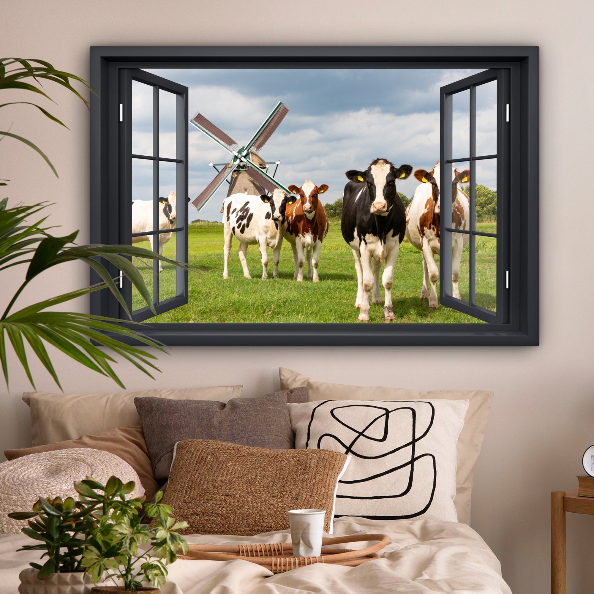 St), XXL, - Kuh Aussicht Gras Gemälde, (1 Wandbild für - - Wohnbereiche, Wiese - Kühe alle großes, Mühle Grün, - - cm Leinwandbild OneMillionCanvasses® 120x80