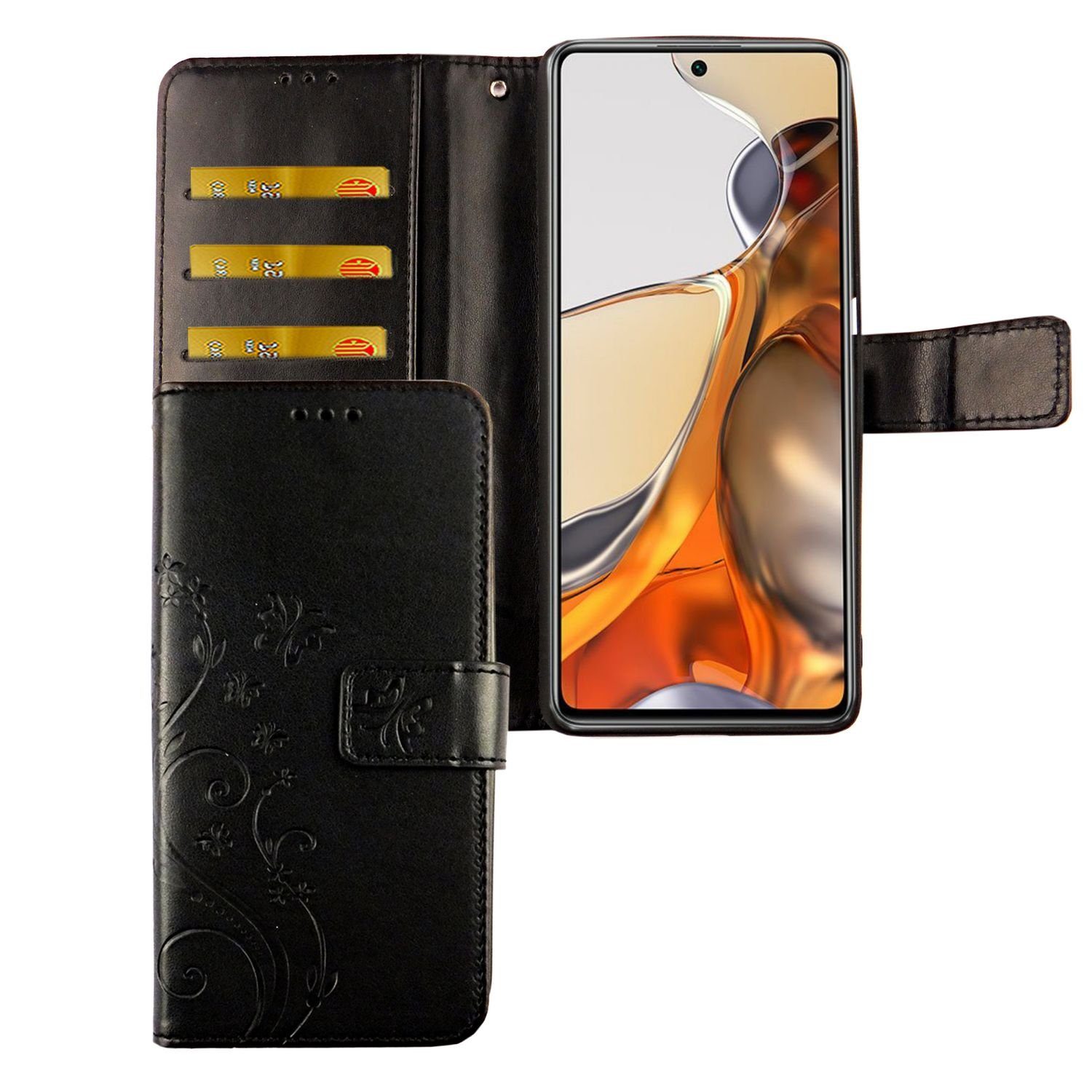 König Design Handyhülle Xiaomi 11T Pro, Schutzhülle für Xiaomi 11T Pro Tasche Handy Hülle Schutz-Cover Flip-Case mit Kartenfach Blumen Schwarz