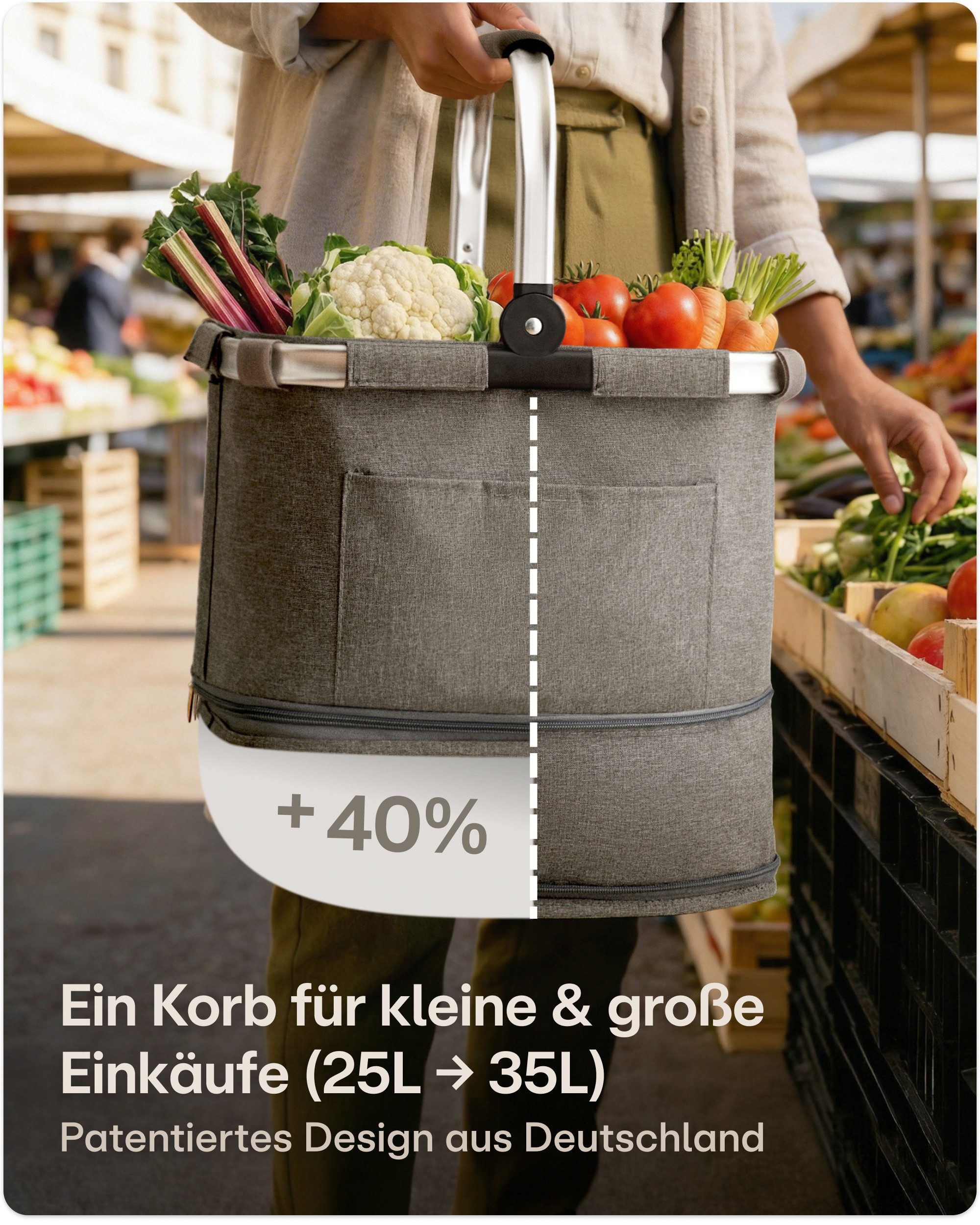Praknu Einkaufskorb Einkaufskorb Faltbar – 2 in 1 Erweiterbar, Waschbarer Bezug, Tragekorb, 35 l, Stabil mit Alurahmen & Verstärktem Boden – Extra Fächer innen & außen