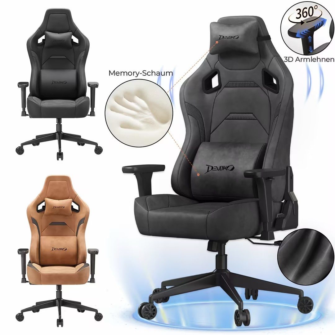 Devoko Gaming-Stuhl Luxuriöser Wildlederimitat,Ergonomisch & Großzügigem Sitz,Bürostuhl, Verstellbare Rückenlehne 90°–135°,3D-verstellbare Armlehnen