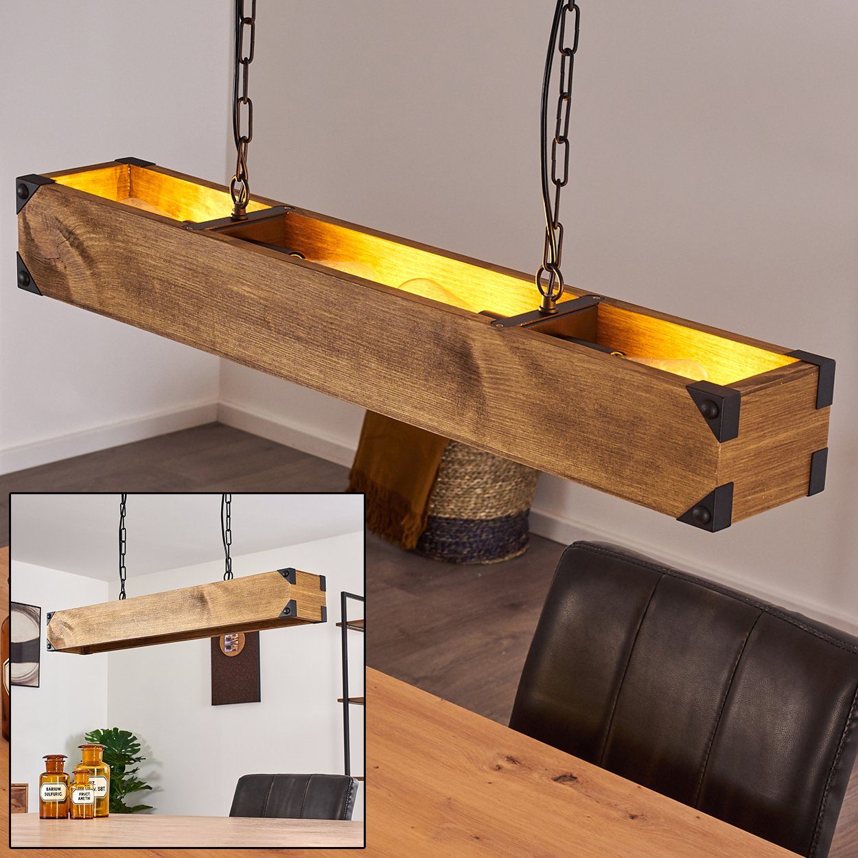 Retro/Vintage-Desgin Hängelampe Höhe Pendelleuchte längliche »Spezia« 4xE27, Leuchtmittel, ohne im max. hofstein in Holz/Metall 109cm, Braun/Schwarz, aus