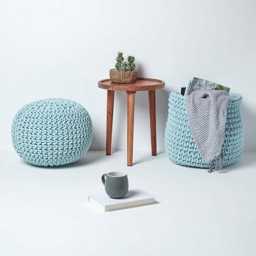 Homescapes Pouf Runder Strickpouf 100% Baumwolle, hellblau