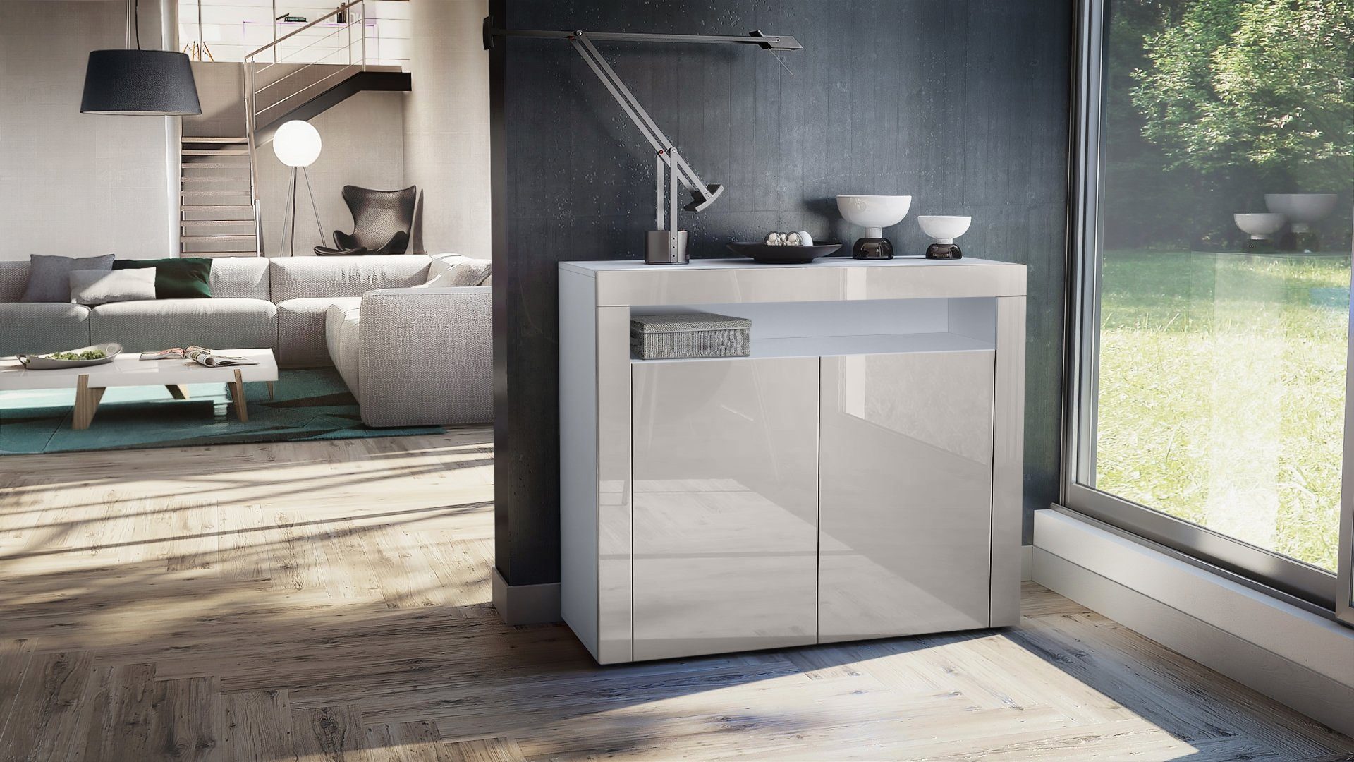 Vladon Kommode Valencia (Sideboard, mit 2 Türen und 1 offenem Fach), Weiß matt/Sandgrau Hochglanz/Sandgrau Hochglanz (108 x 92 x 40 cm)