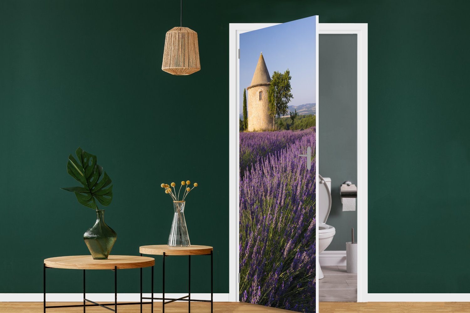 MuchoWow Türtapete St), einem Frankreich, in cm bedruckt, Fototapete 75x205 für Türaufkleber, Tür, Turm Lavendelfeld Runder auf Matt, (1