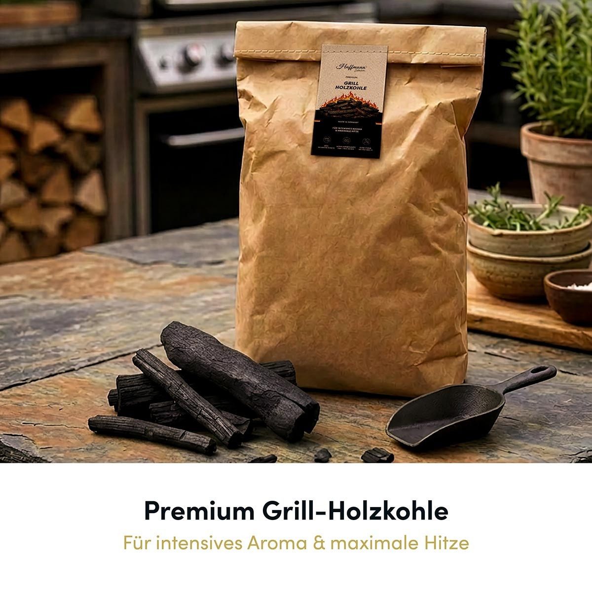 Hoffmann Germany Grillkohle Hoffmann Premium Buchenholz grobstückig Cfix 86 % Made in Germany, 3 kg, Cfix 86 %, Körnung 10–50 mm, Buche, Made in Germany