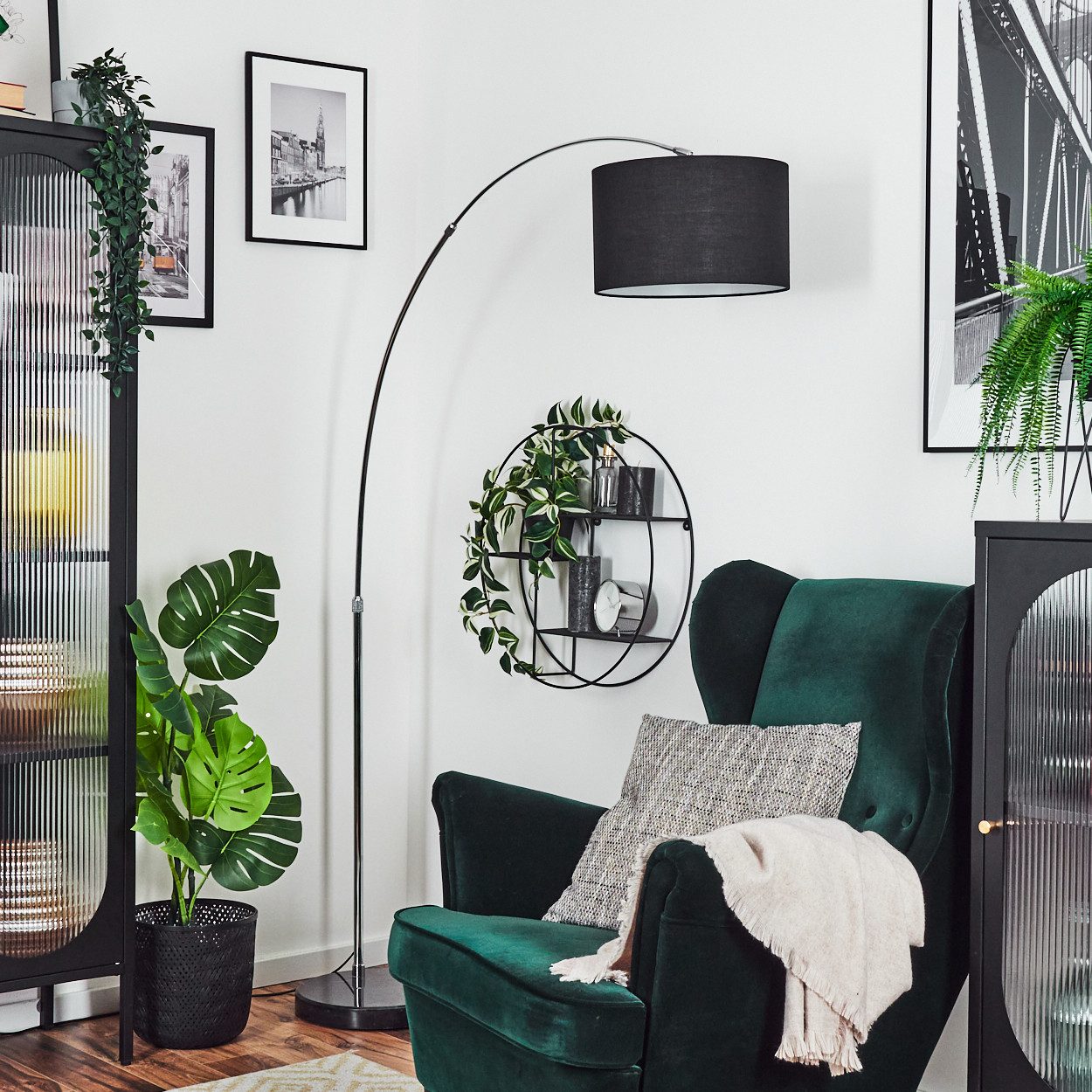 hofstein Bogenlampe Stehlampe mit Marmorfuß aus Metall/Stoff in Schwarz/Chromfarben/Weiß, verstellbare Stehleuchte im modernen Design mit Fußschalter, E27