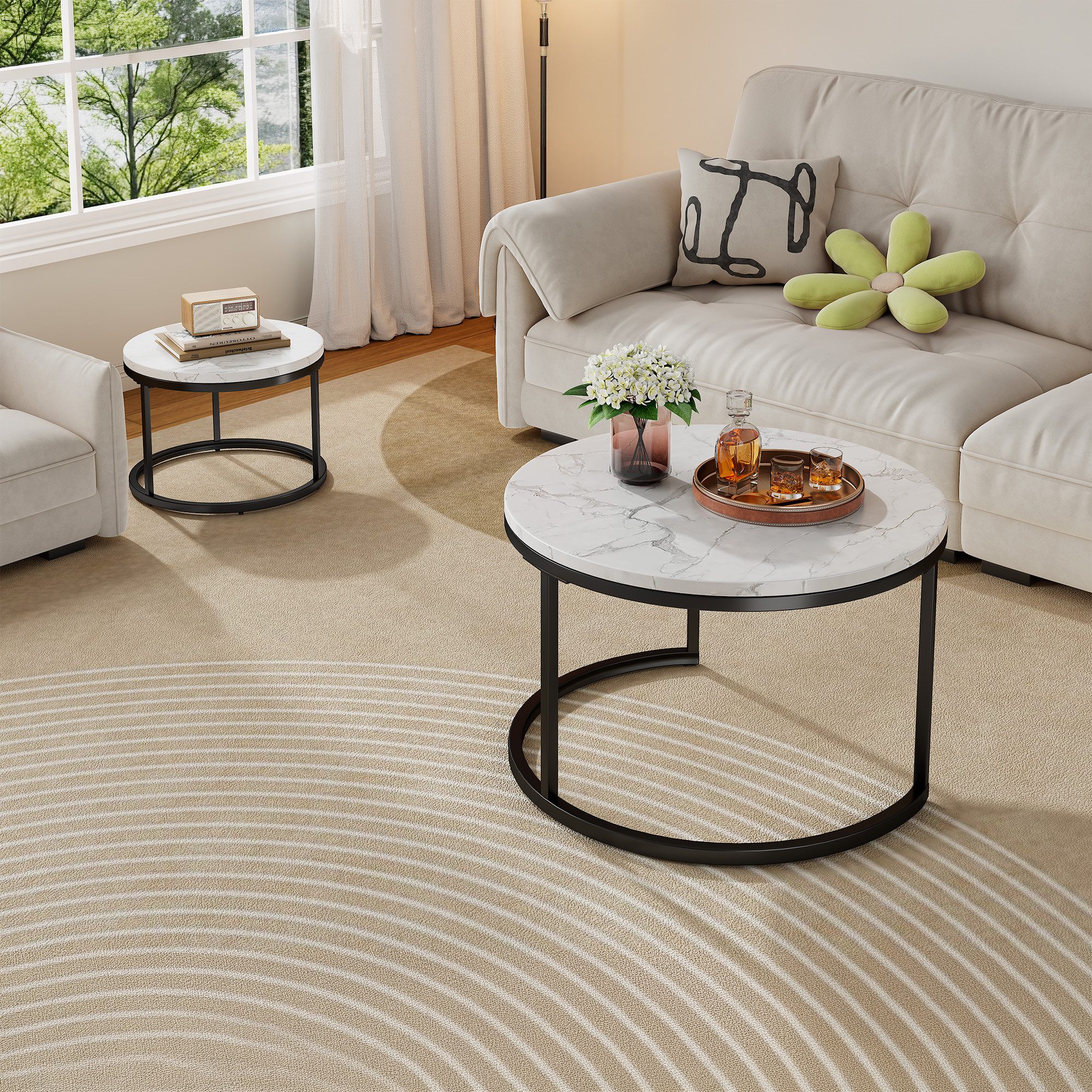 OKWISH Couchtisch Set 2-tlg 70x45 / 45x35 cm Marmoroptik schwarz Metall (Packung, 2-St., Stabiler Metallrahmen mit rutschfesten Füßen, kratzfeste Oberfläche), Platzsparendes Nesting-Design, unterstellbarer Beistelltisch flexibel