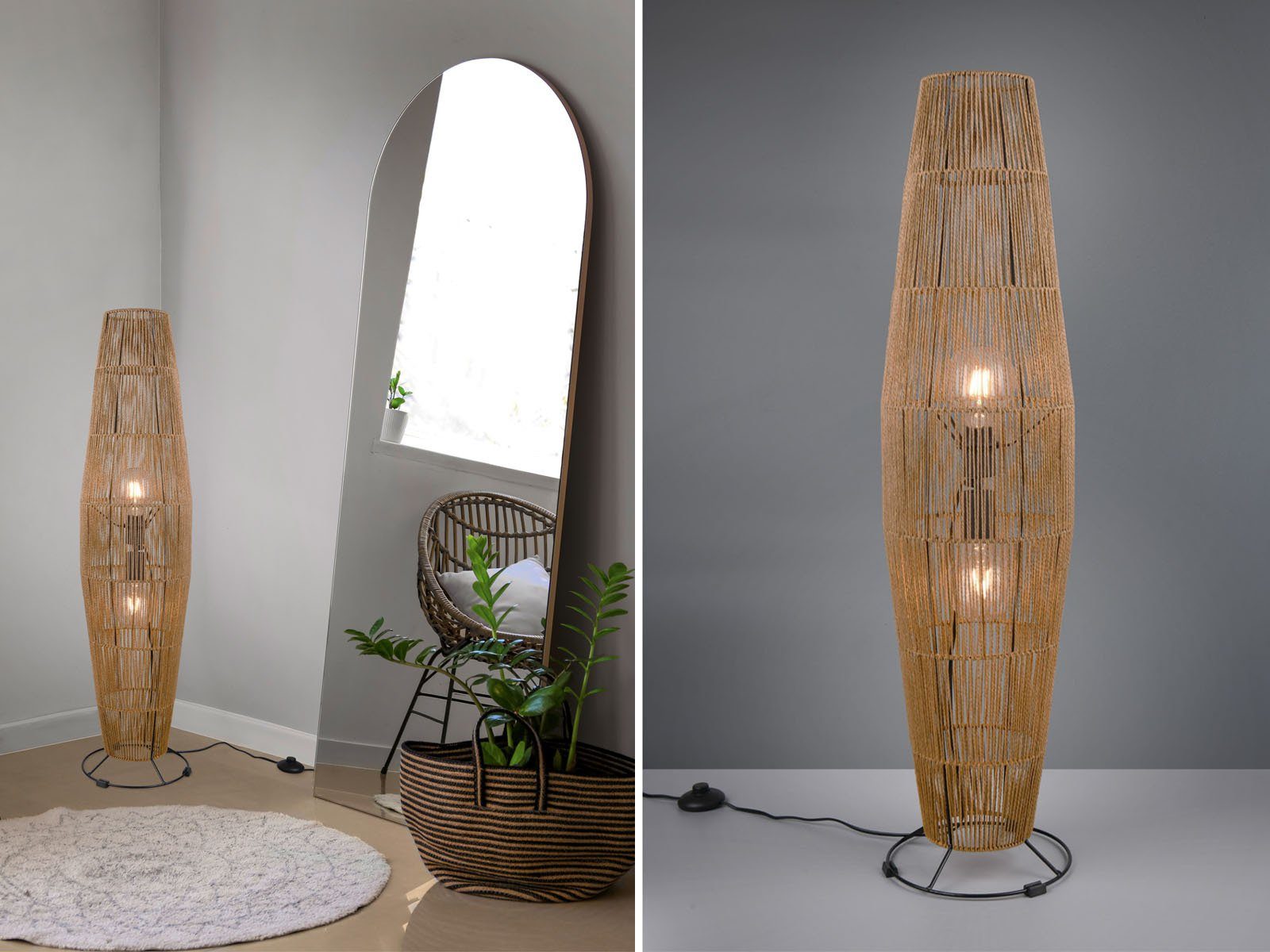 meineWunschleuchte LED Stehlampe, Dimmfunktion, LED wechselbar, warmweiß, dimmbar Lampenschirm aus Papier, kleine Boho Korb-lampe Ecke, H 103cm