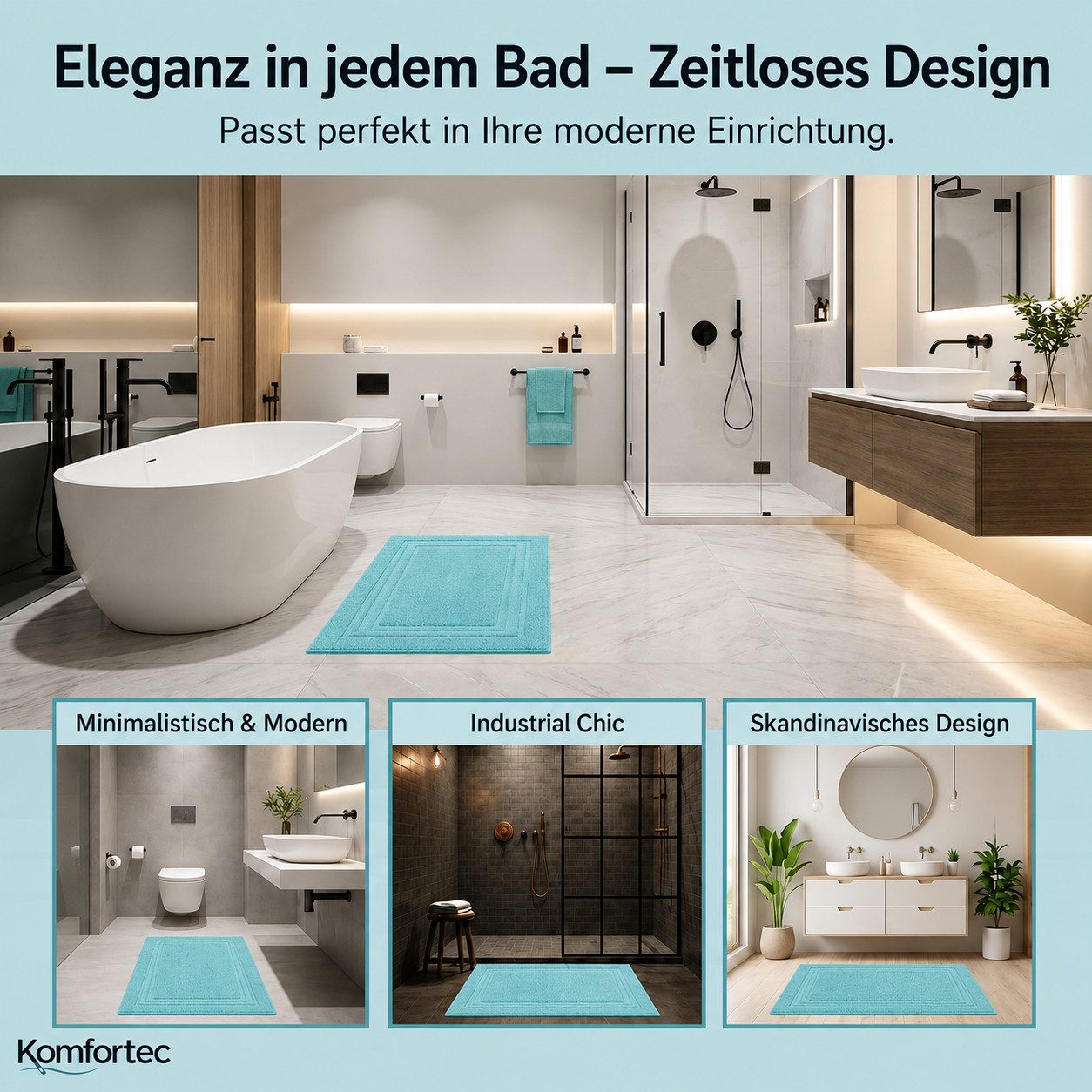 Komfortec Badematte Badvorleger aus 100% Baumwolle, Waschbar Duschmatte, Frottee, Rechteckig, 600 g/m², 2er Set, Saugfähig & Schnelltrocknend – Bild 5 von 5