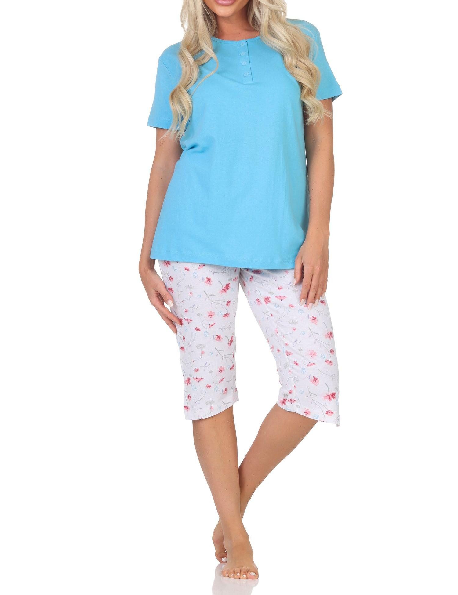 Normann Pyjama Eleganter Damen Capri Pyjama Schlafanzug mit Knopfleiste & Caprihose – Bild 4 von 5