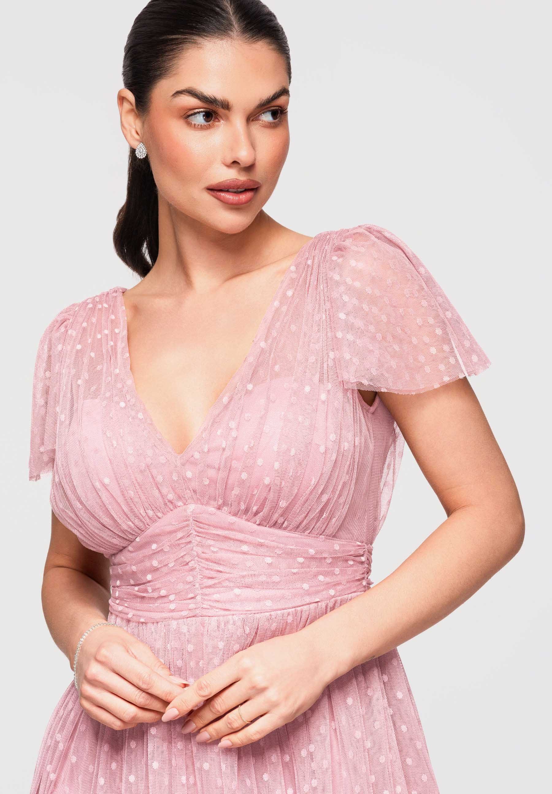 OMBRE Abendkleid Midi Kleid Ausgestellt V-Ausschnitt Cocktailkleid Dark pink L (kein Set, 1-tlg) Mehrlagige Konstruktion, transparente Netzstruktur – Bild 2 von 5
