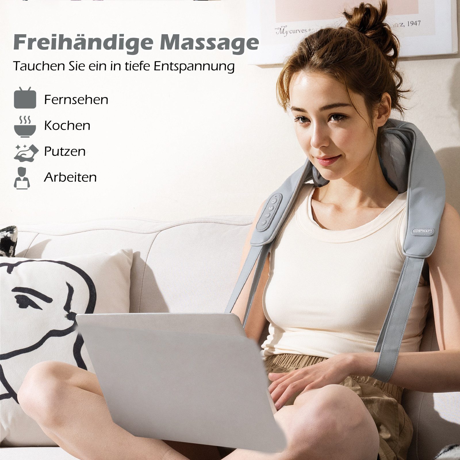 COSTWAY Nacken-Massagegerät, 4D Shiatsu mit Tiefengewebekneten & 2 Heizstufen
