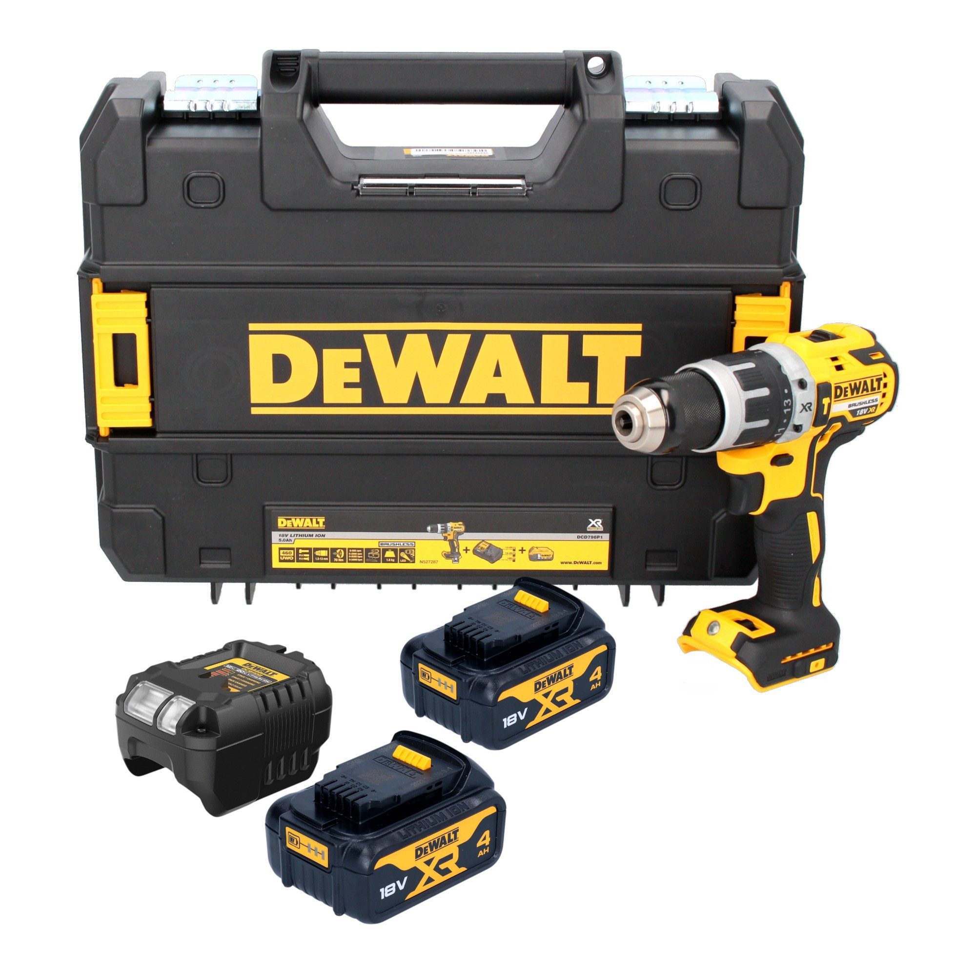 DeWalt Schlagbohrmaschine DCD 796 M2T 18 V 70 Nm Brushless + 2x Akku 4,0 Ah + Ladegerät + TSTAK