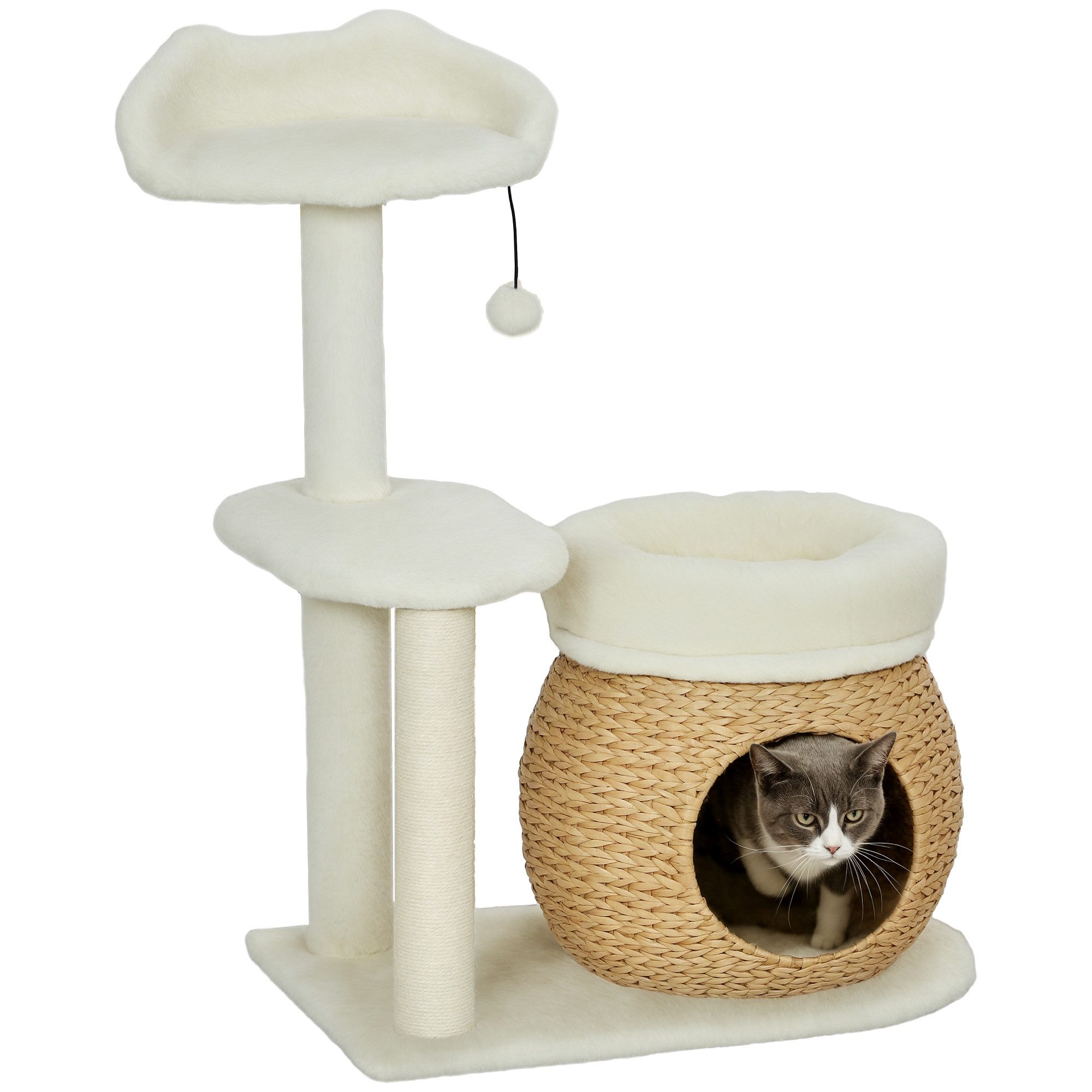 PawHut Kratzbaum Katzenbaum 79 cm, Katzenhöhle, Bett, Spielbälle, Sisal-Kratzsäulen, für Katzen bis 5 kg, Cremeweiß
