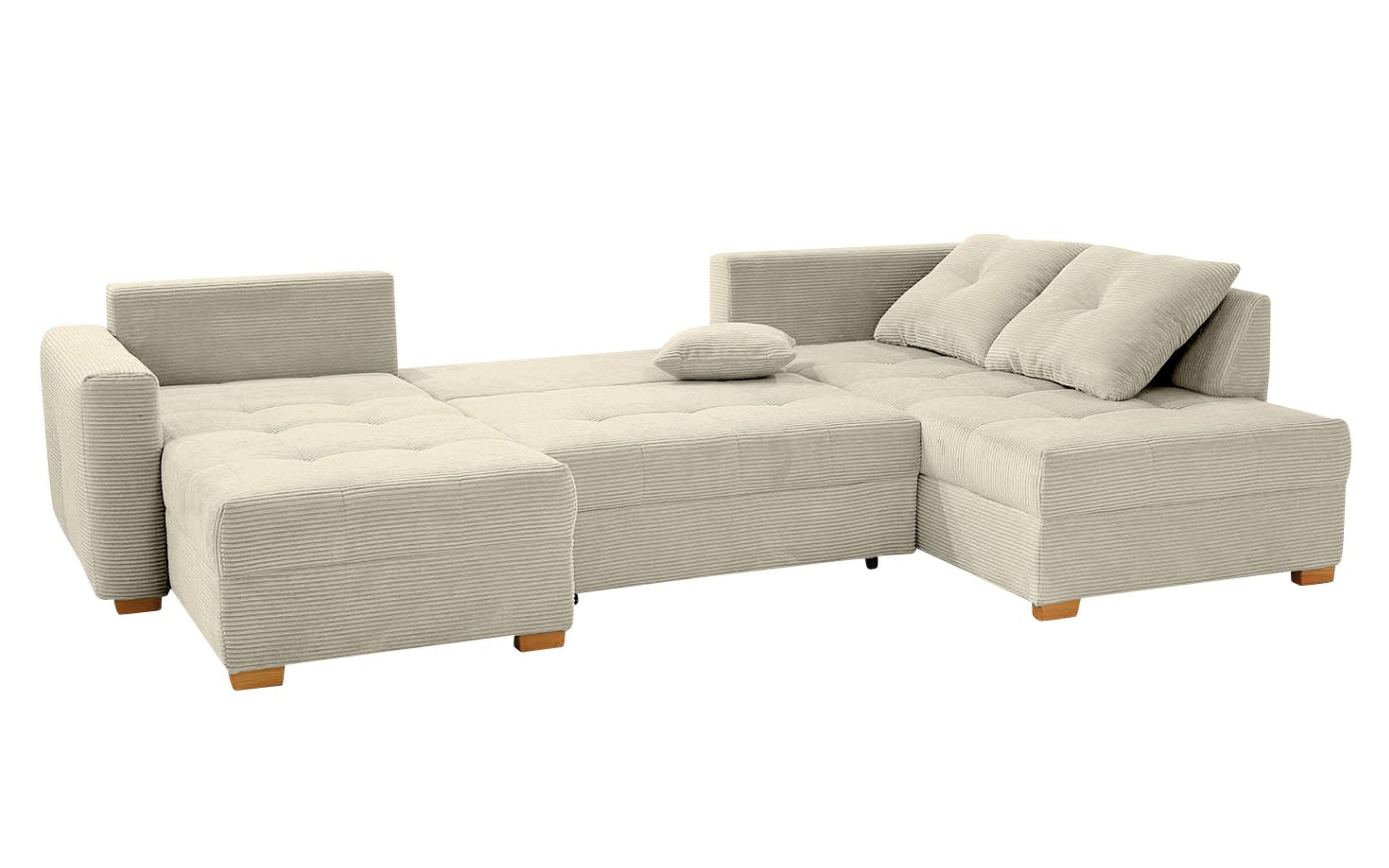 luma-home Wohnlandschaft 15218, U-Form mit Schlaffunktion und Bettkasten B313/T200/H92 cm, Schaumpolsterung, seitenverkehrt montierbar, Cord in Beige Grau