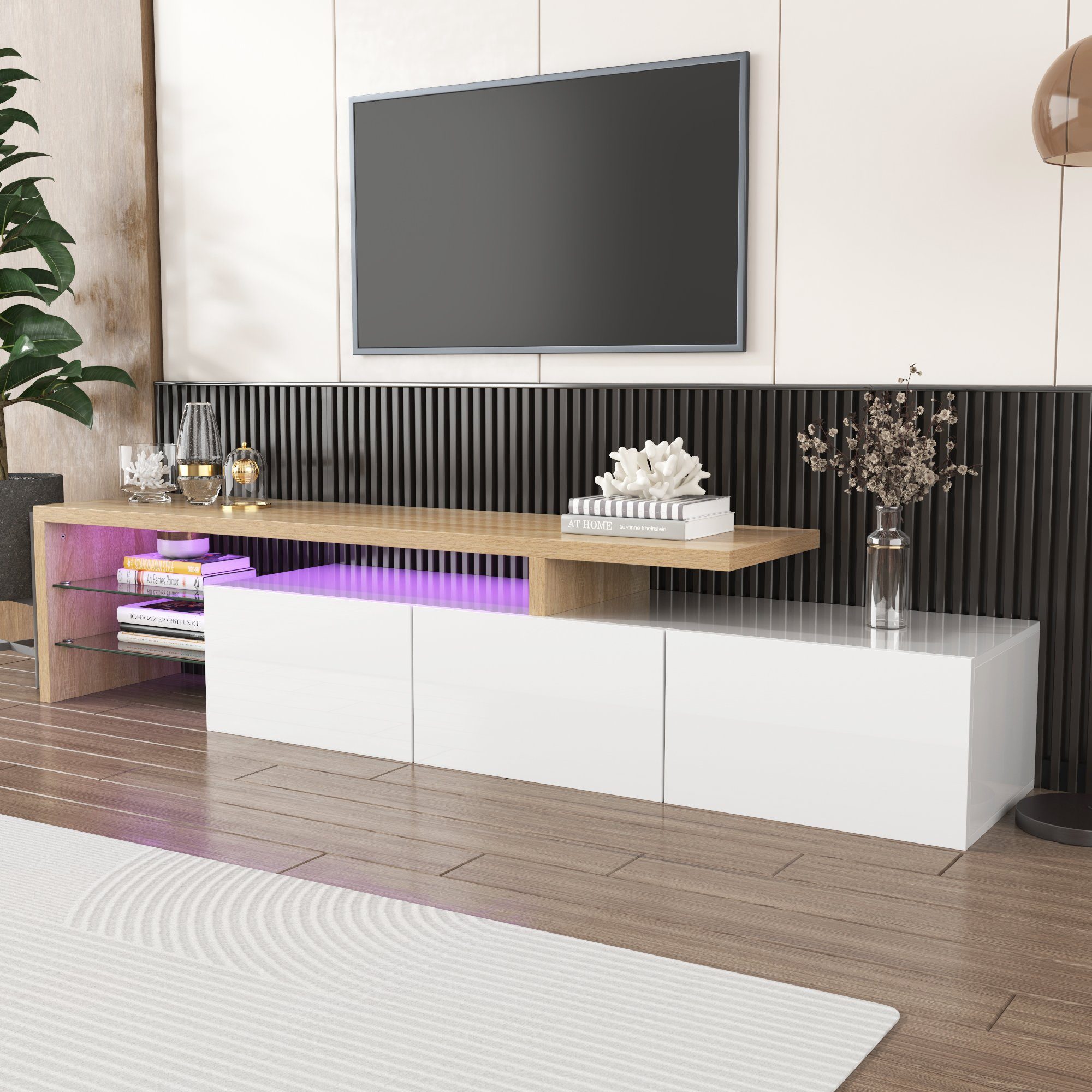 Lowboard und Weiß sideboards TV-Schrank Fernsehschrank Arbeitszimmer) LED-Beleuchtung KLAM | in HOME TV Schlaf- Lowboard wohn-, zu für Weiß mit Zoll Fernseher bis 65 (Unterschrank