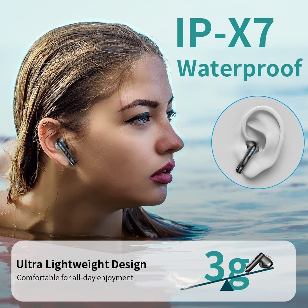 Tisoutec Kopfhörer Bluetooth In-Ear-Kopfhörer (Sprachsteuerung, Kopfhörer wasserdichte In-Ear-Kopfhörer True Wireless) für LED Anrufe Sport) Kabellos Steuerung Ladestandsanzeige, (Siri integrierte und Voice-Assistent, IPX5 Schwarz Musik, Bluetooth), for Ohrhörer