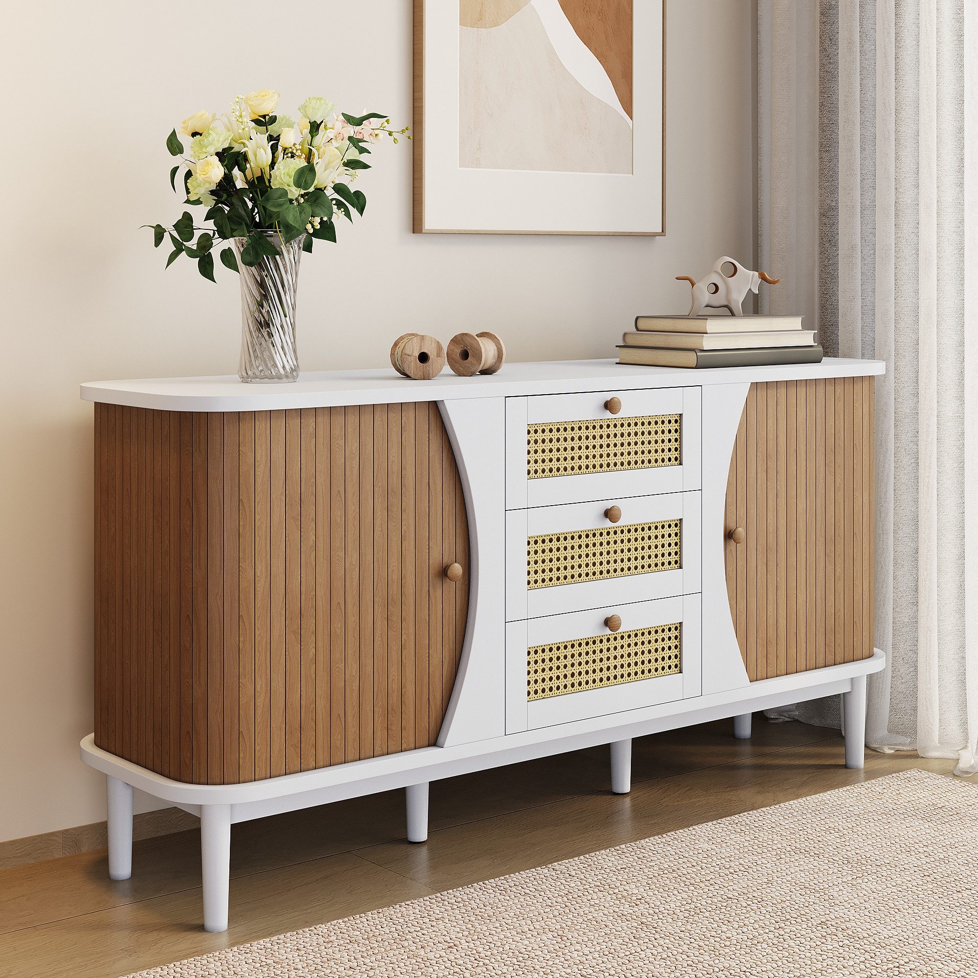 Merax Sideboard Skandi mit 2 Schiebetüren und 3 Schubladen (Rattanschrank Landhausstil, für Wohnzimmer & Flur), Rattan geflecht Kommode, Anrichte Schrank mit Holzfüßen, Breit:140.5cm
