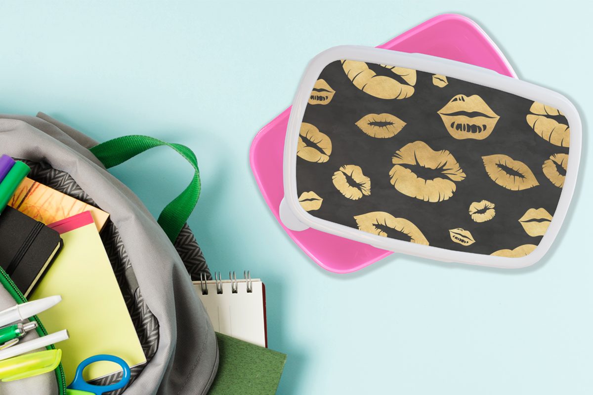 MuchoWow Lunchbox Muster - Kuss Kunststoff Brotbox - Gold Kunststoff, (2-tlg), - Kinder, rosa Erwachsene, Mädchen, Snackbox, für Schwarz, Brotdose