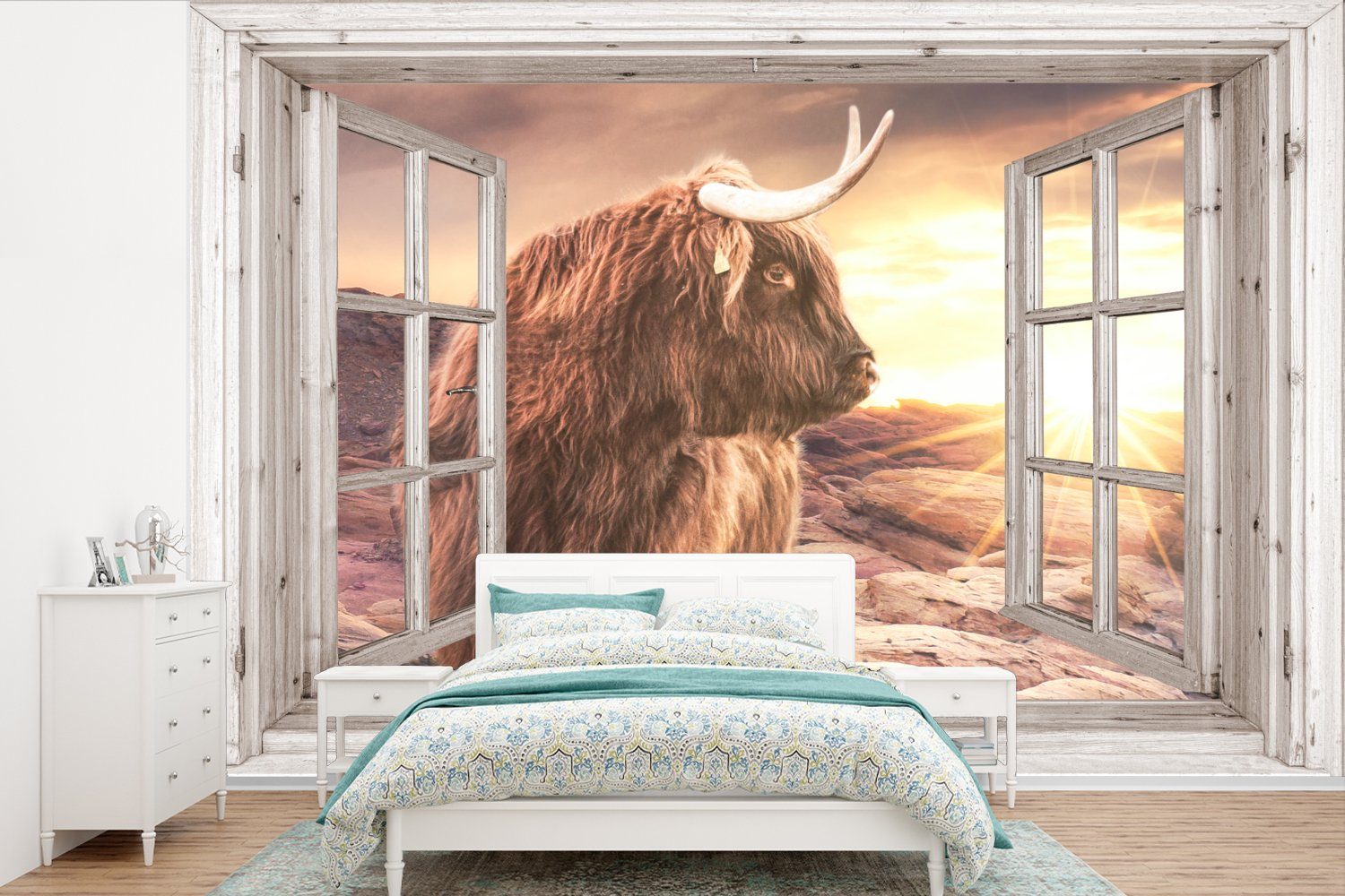 MuchoWow Fototapete Schottischer Highlander - Aussicht - Sonnenuntergang, Matt, bedruckt, (6 St), Wallpaper für Wohnzimmer, Schlafzimmer, Kinderzimmer, Vinyl Tapete