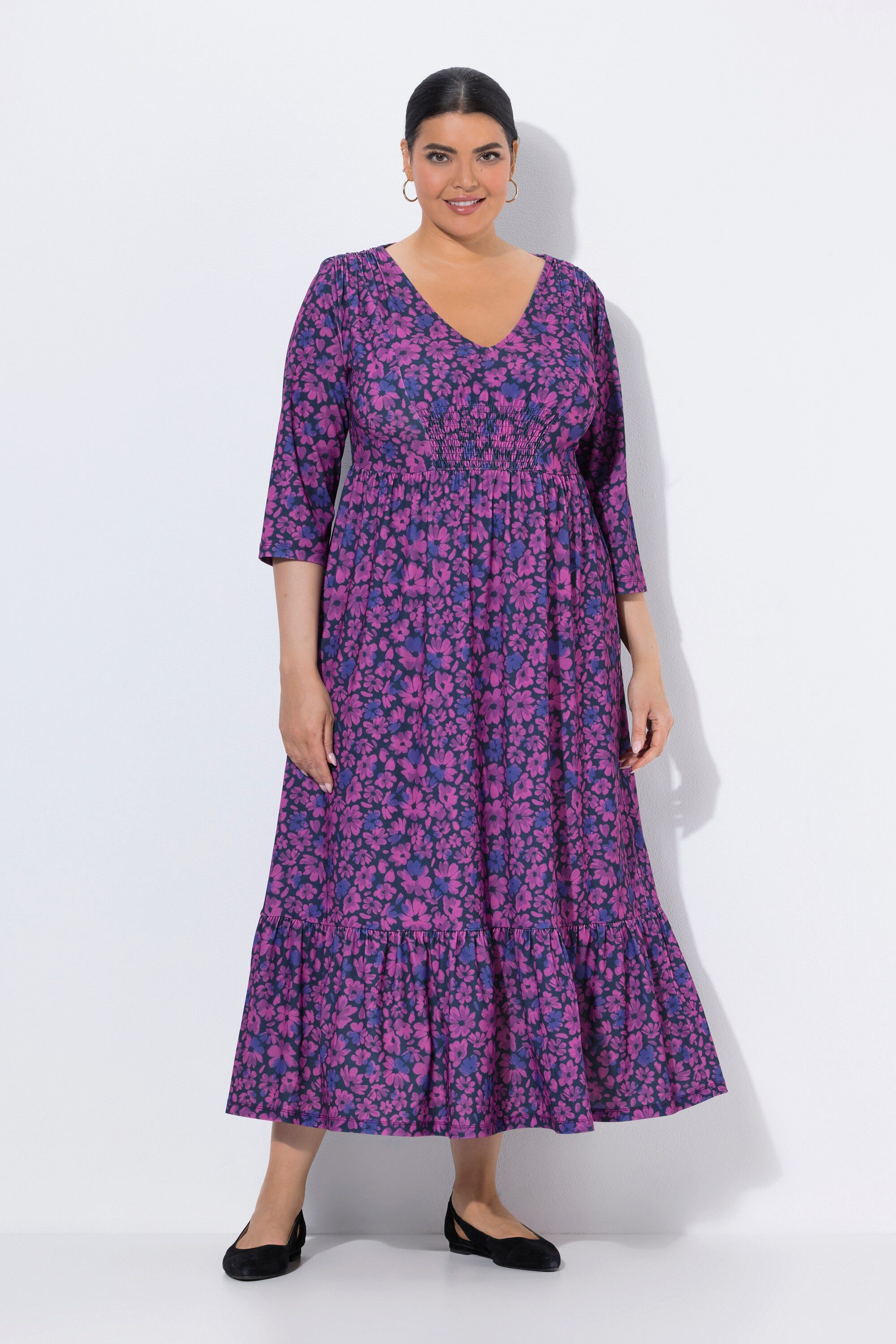 Ulla Popken Jerseykleid Jerseykleid Blüten A-Linie V-Ausschnitt 3/4-Arm