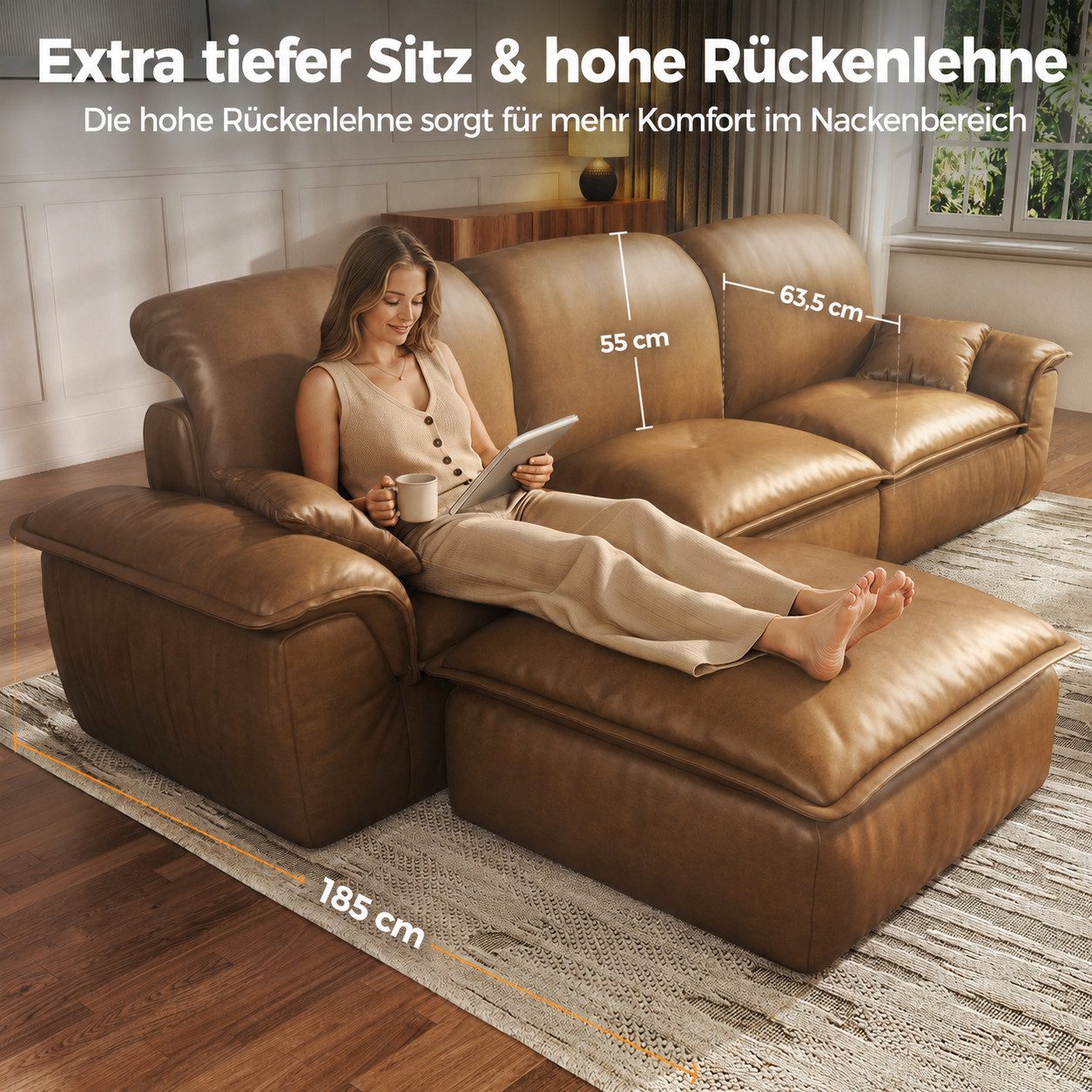 Patbrela Ecksofa 3-Sitzer mit Longchair, Weiches Lederoptik Sofa für Wohnzimmer, Keine Montage erforderlich