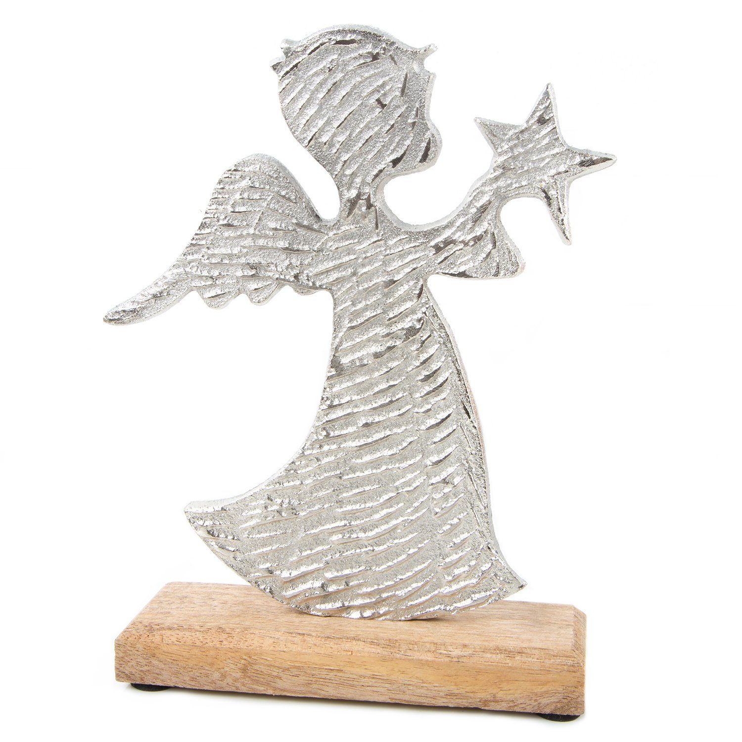 Logbuch-Verlag Weihnachtsfigur Engel Figur Silber braun aus Holz + Metall (1 St), Der Engel steht auf einem Podest aus Mangoholz