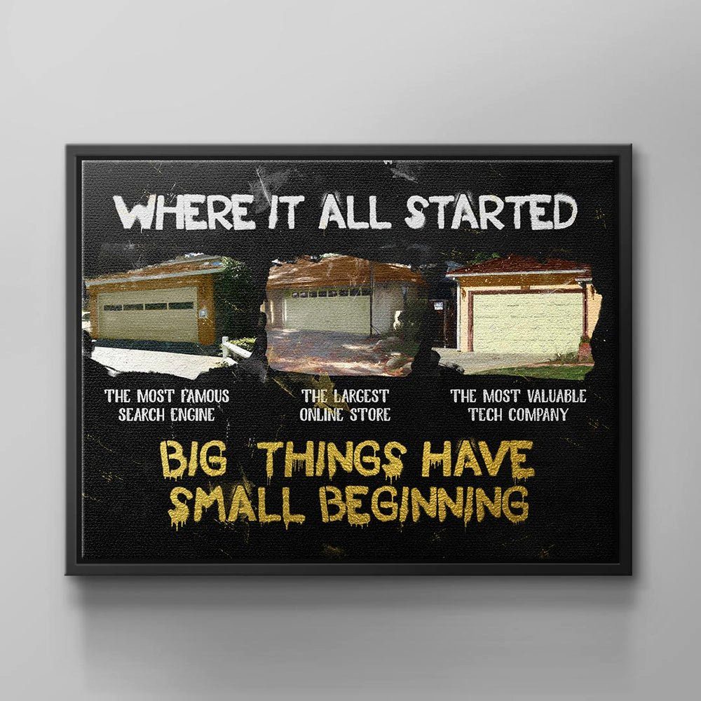 DOTCOMCANVAS® Leinwandbild Big Things have small Beginnings, Wandbild Motivation Online-Shop Engine Dinge Schwarz Gold Big Things schwarzer Rahmen