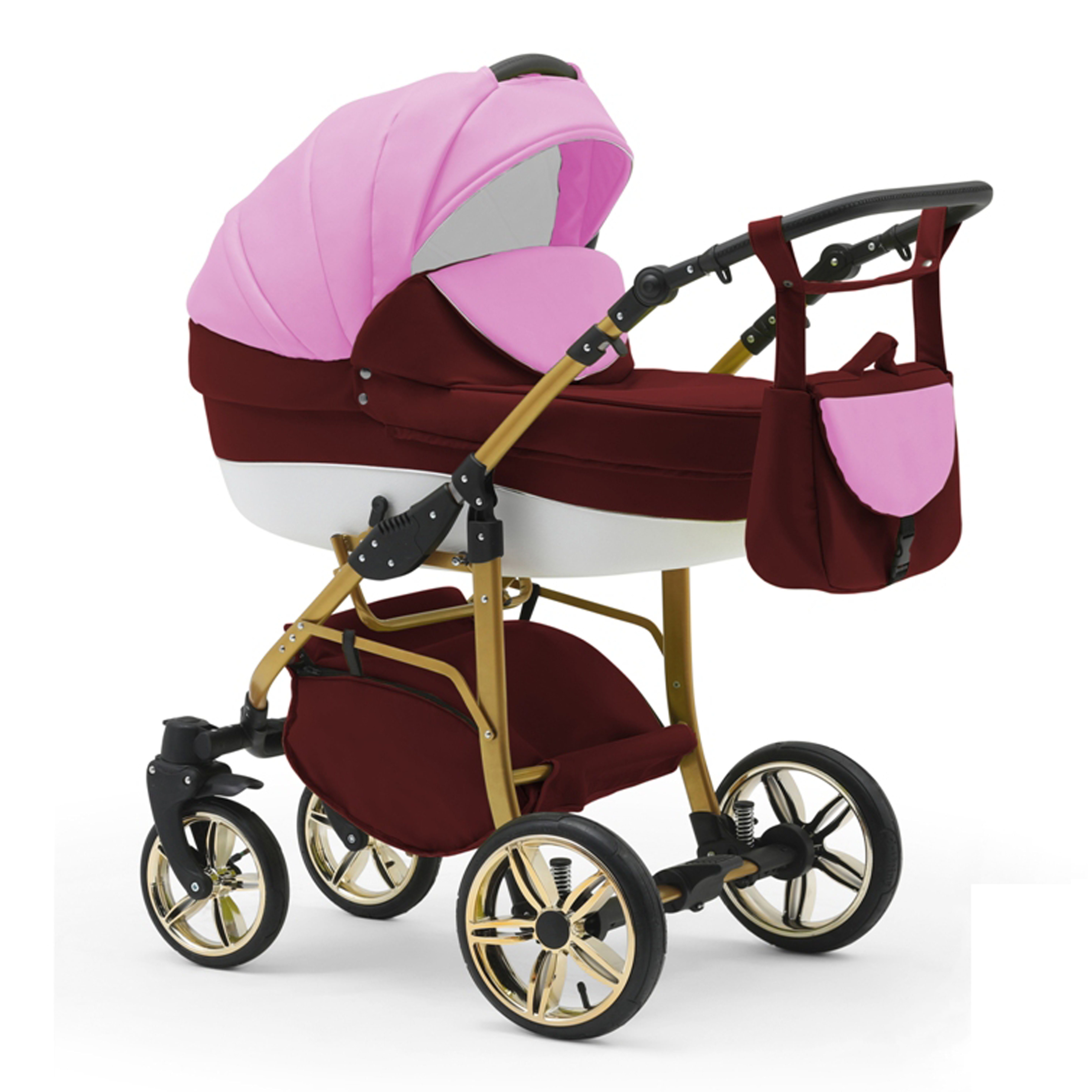 babies-on-wheels Kombi-Kinderwagen 2 in 1 Kinderwagen-Set Cosmo ECO Gold - 13 Teile - in 46 Farben Rosa-Bordeaux-Weiß