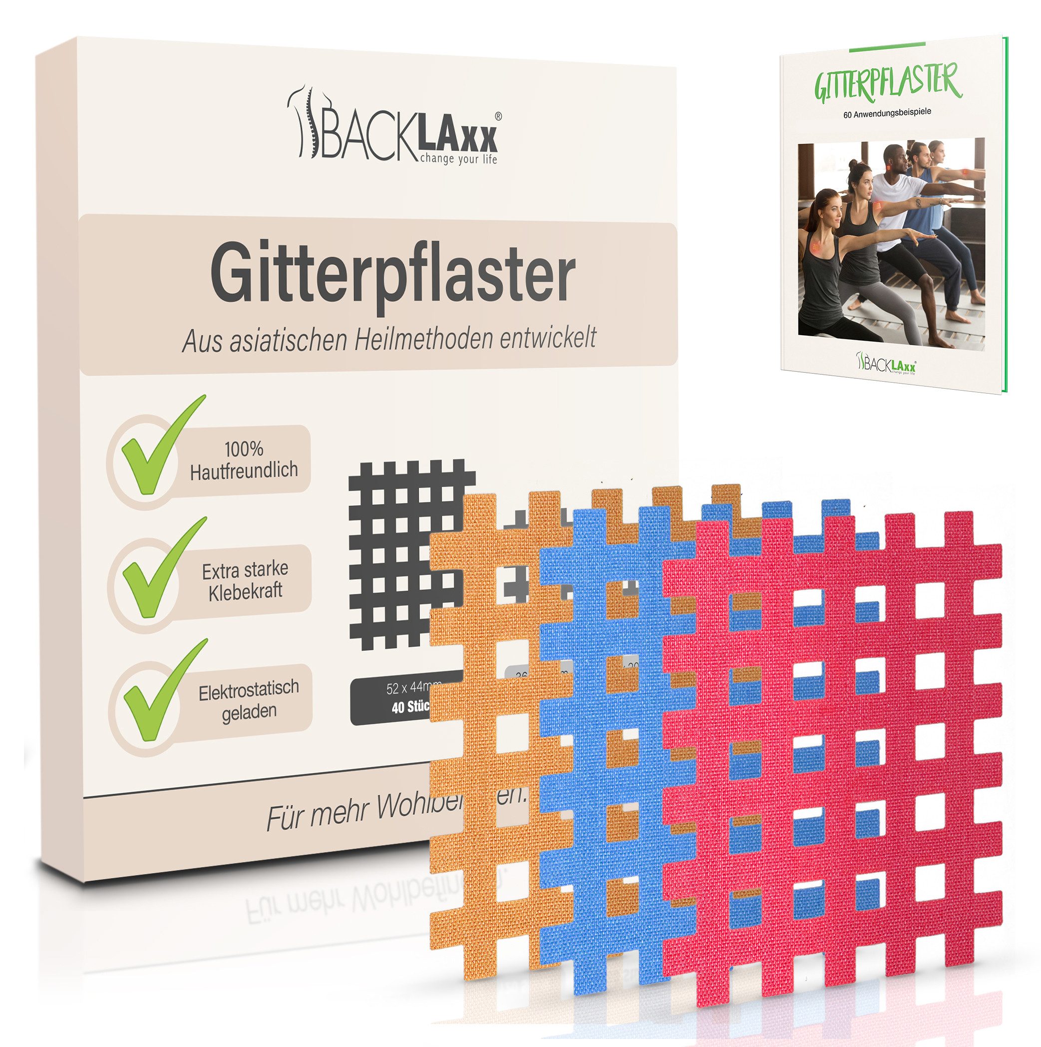BACKLAxx® Kinesiologie-Tape Gitterpflaster Cross Tape Gittertape Kinesiotape (Typ a, b, c, 40-St) hautfreundlich, starke Haftung - für Alltag & Sport