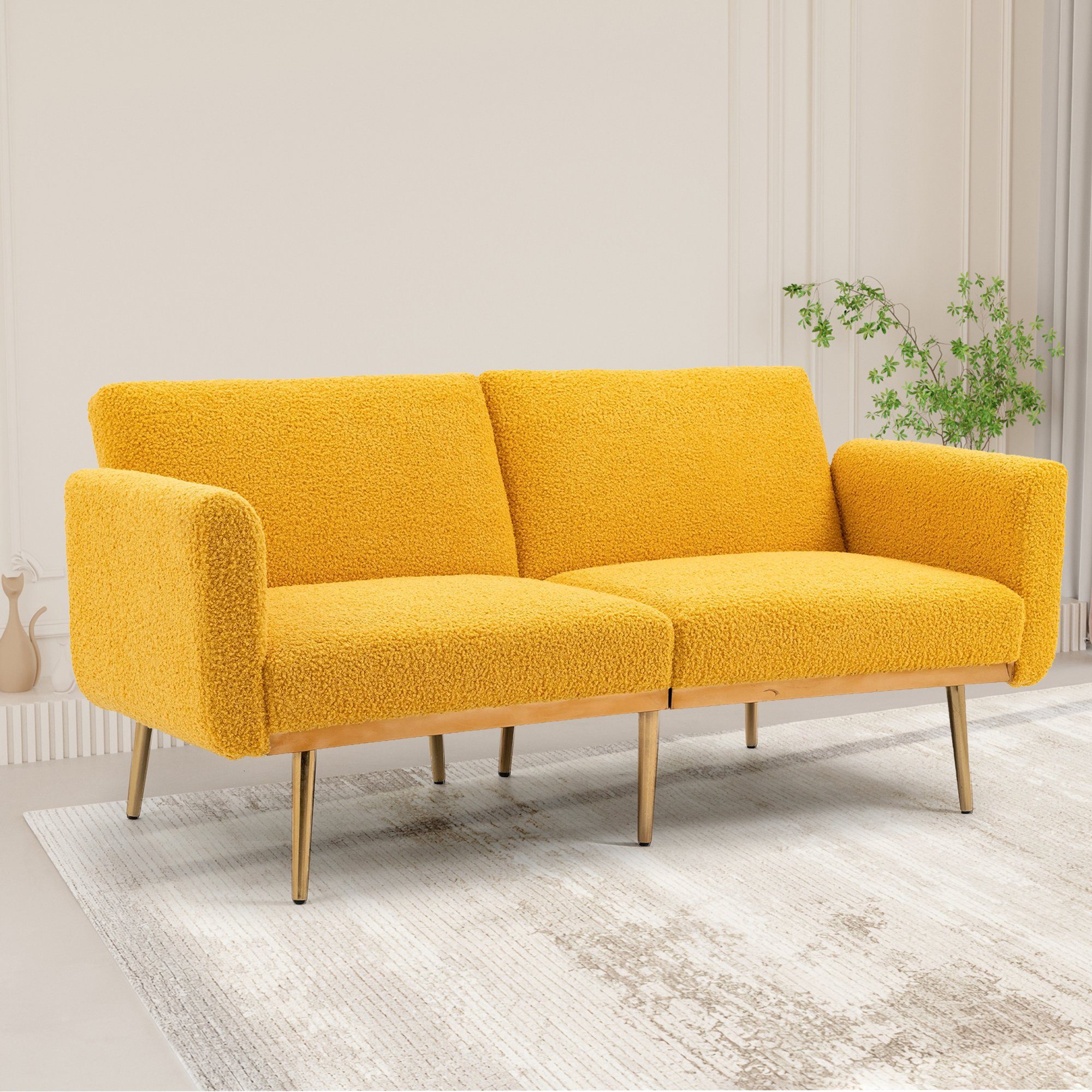 BOTC Sofa Schlafsofa 2 Zierkissen inklusive, in Cord Musterd yellow + Velvet